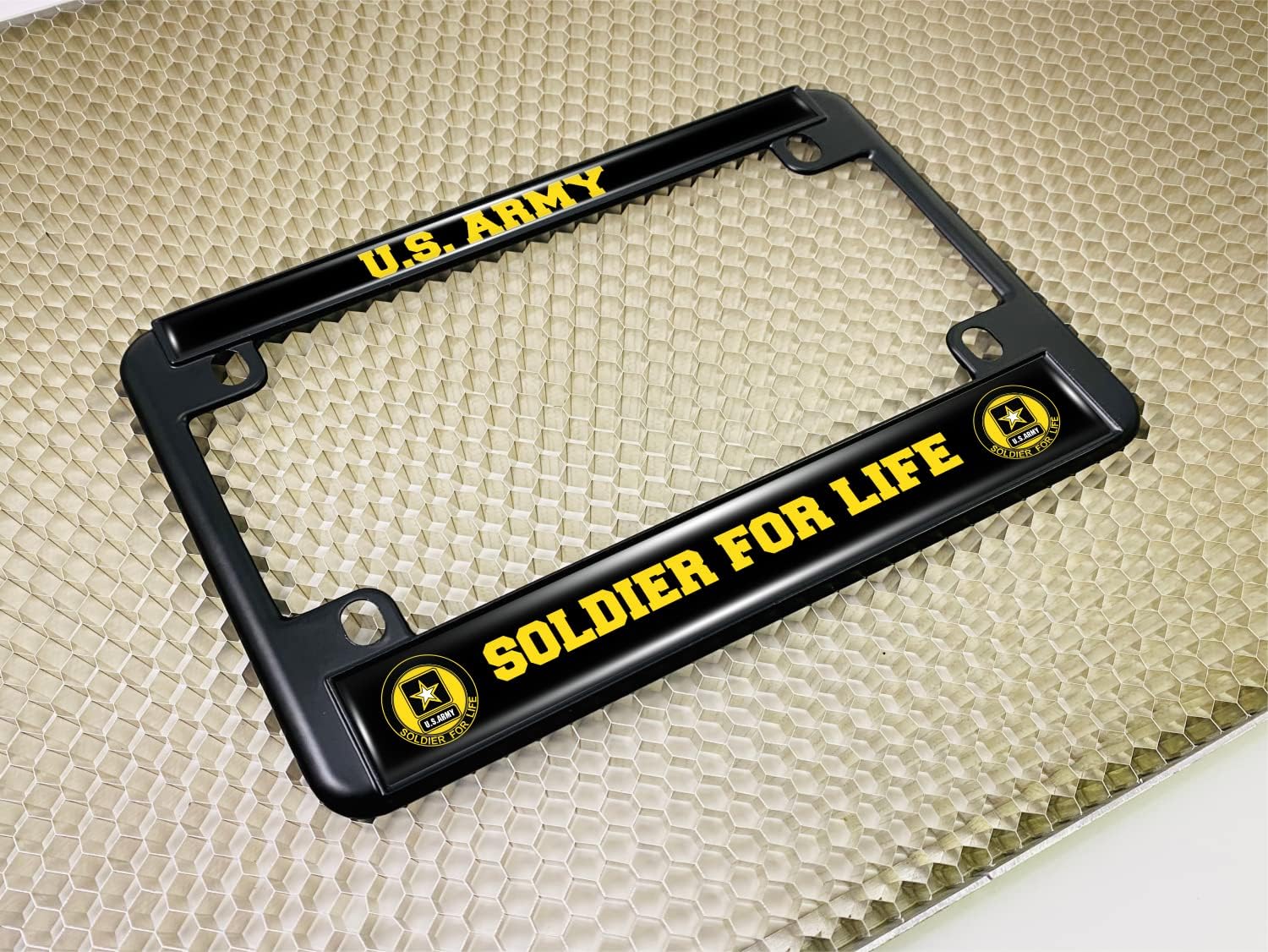[Officially Licensed Product] - Motorcycle Metal License Plate Frame with U.S. Army Soldier for Life Design - Black