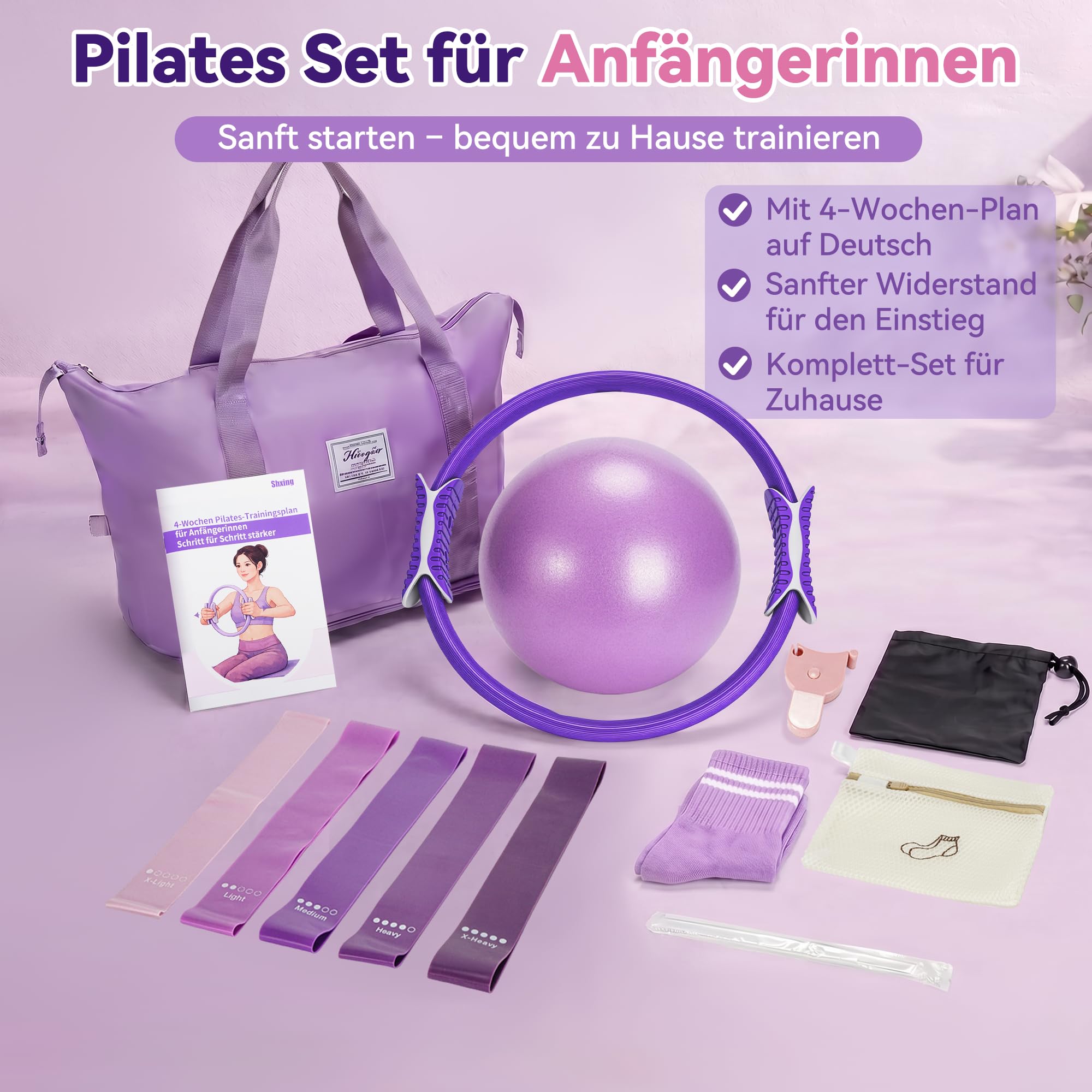 Pilates Set für Anfänger, für Fitness und Training zu Hause | Pilates Ring Set mit Ball, 5 Widerstandsbändern, Socken und 4-Wochen-Plan für Damen, Kraft, Balance und Beweglichkeit