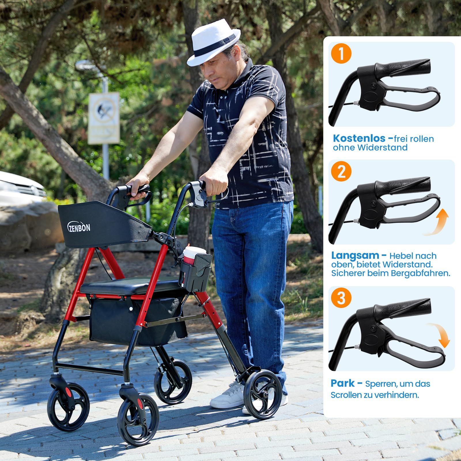 Rollator Faltbar und Leicht Aluminium: Rollatoren für Senioren Rollator Klappbar mit Sitz für die Wohnung mit 20cm Reifen 6-fach Höhenverstellung (Rot)