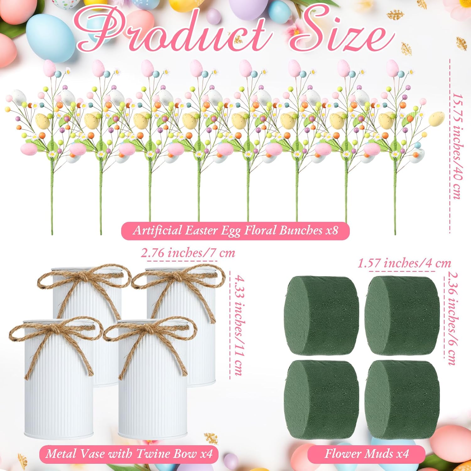 Riceshoot 4 Set Easter Table Centerpiece Decor Artificial Easter Egg Picks with Metal Vase Daisy Flowers Sprays Floral Berry Stems Colorful Egg Twig Branches for Spring Home Party Decoration