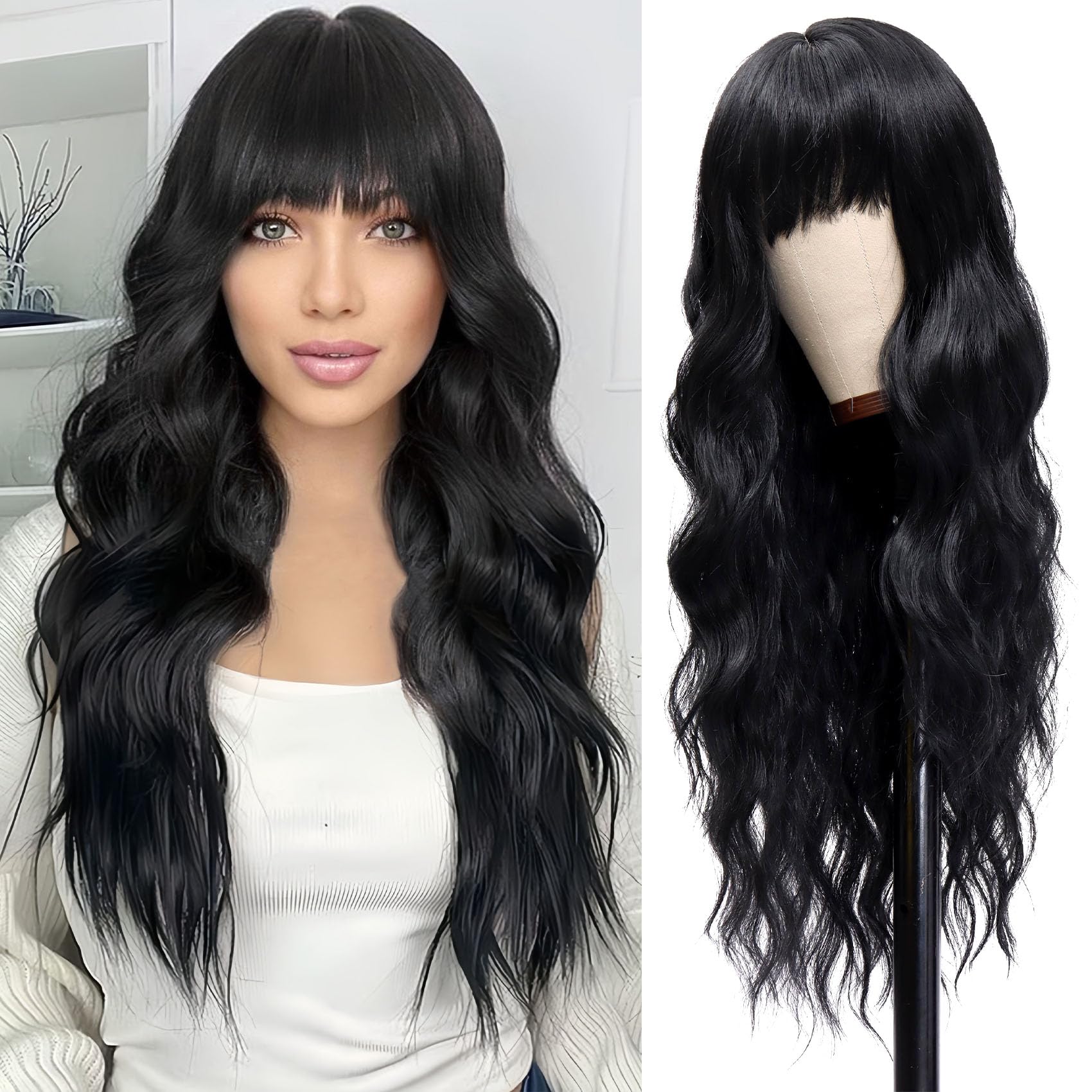 Vomella Black Wig With Bangs 26 Inch Long Curly Wavy Wig for Women Natural Looking Synthetic Heat Resistant Wigs for Daily Party Use