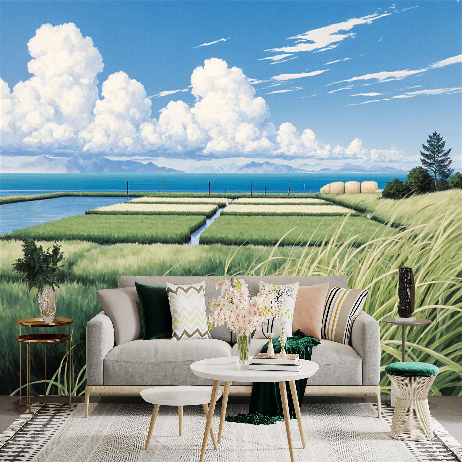 Lnzczhyre Xc260505569 Custom Size Wall Sticker Mural， Peaceful Rural Landscape With Rice Fields， Blue Ocean And Fluffy Clouds， For Wall Decoration， Peelandstick Wall Decals.
