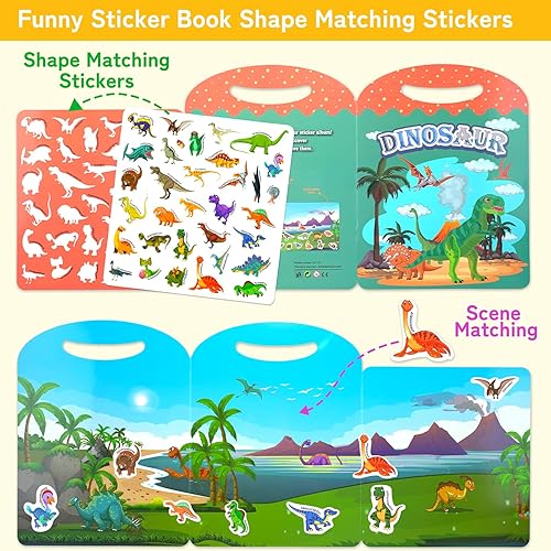 Miniatura 4 de Libro de calcomanías reutilizables para niños, libros de actividades de aprendizaje de dinosaurios, libro silencioso de gelatina para escuela,