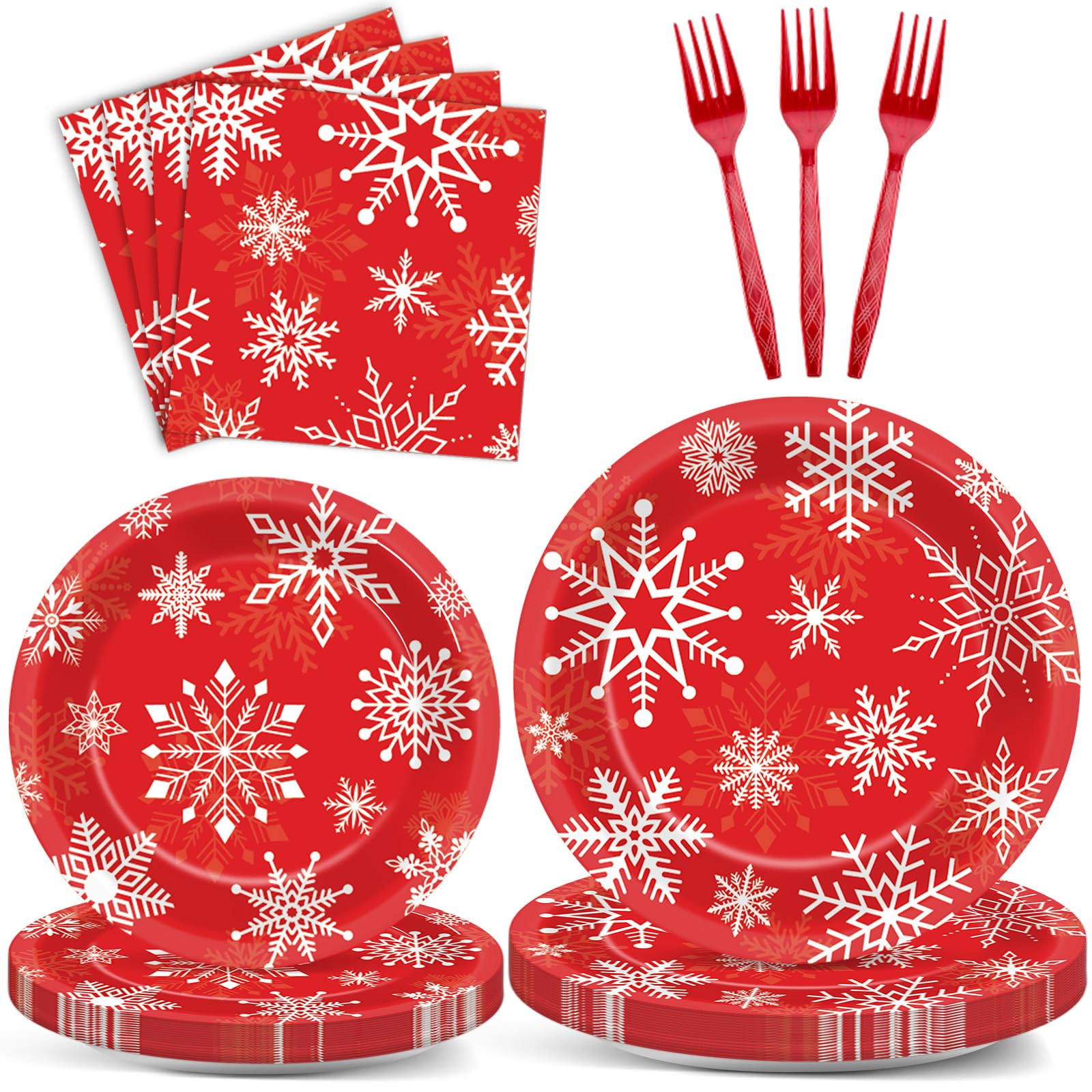200 PCS Christmas Theme Party Supplies Merry Christmas Tableware Set Serves 50 guests Xmas napkins Snowflakes Paper Plates Bulk Christmas Dinnerware Set for Xmas Party Decorations Disposable Tableware