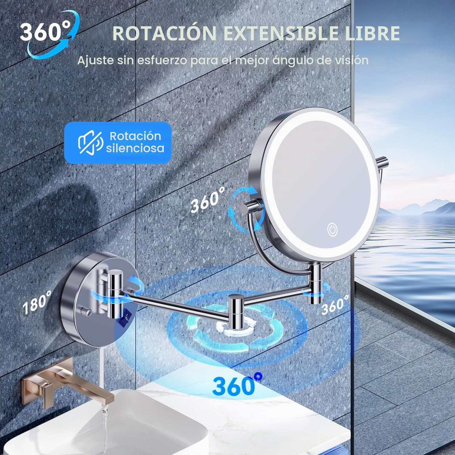 Auxmir Espejo Maquillaje con Luz Pared, 1X/20X Aumento Doble Cara Giratorio 360, Espejo Baño Extensible Táctil con Enchufe, 3 Colores Brillo Regulable, para Hotel, SPA, Plata