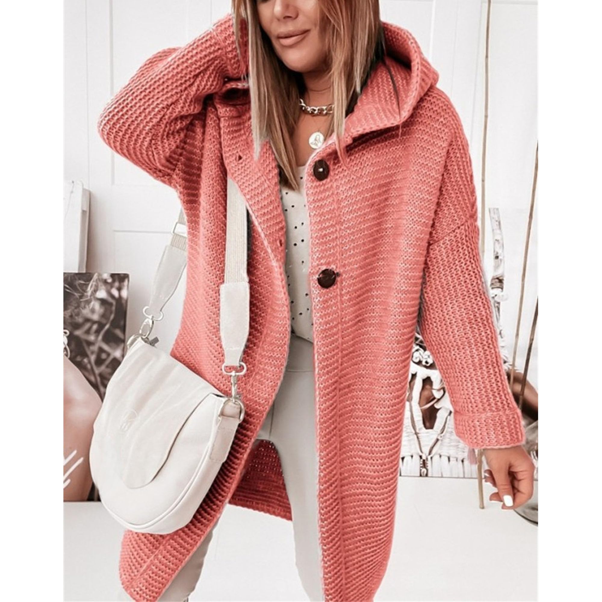Womens 2024 Hooded Cardigans Winter Button Up Cable Knit Sweater Coat Solid Color Open Front Outerwear Sweatshirts (Large,Pink 1)
