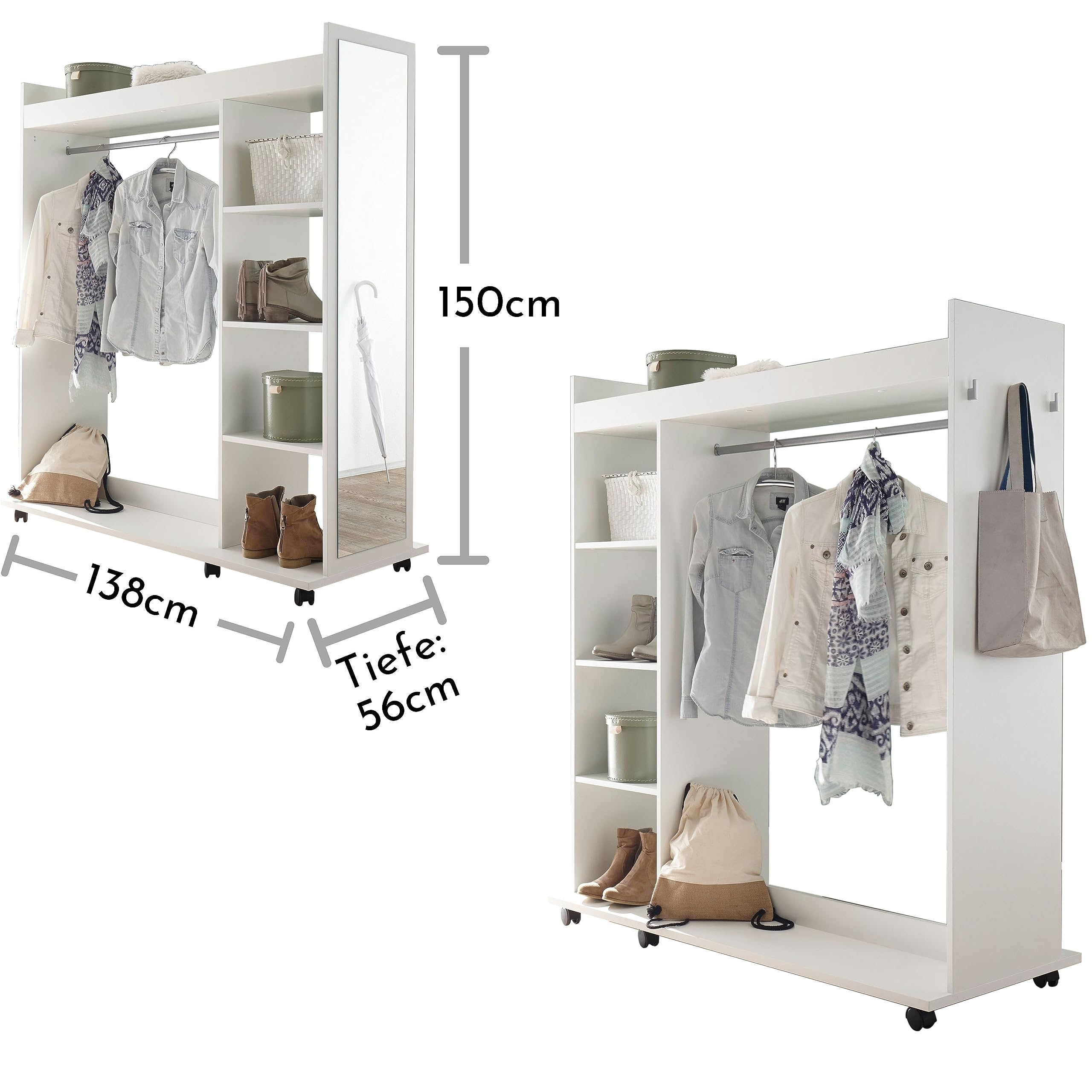 VINNIE Offener Kleiderschrank mit Spiegel auf Rollen, Weiß - Fahrbarer Kleiderständer mit cleverer Inneneinteilung - 138 x 150 x 56 cm (B/H/T)