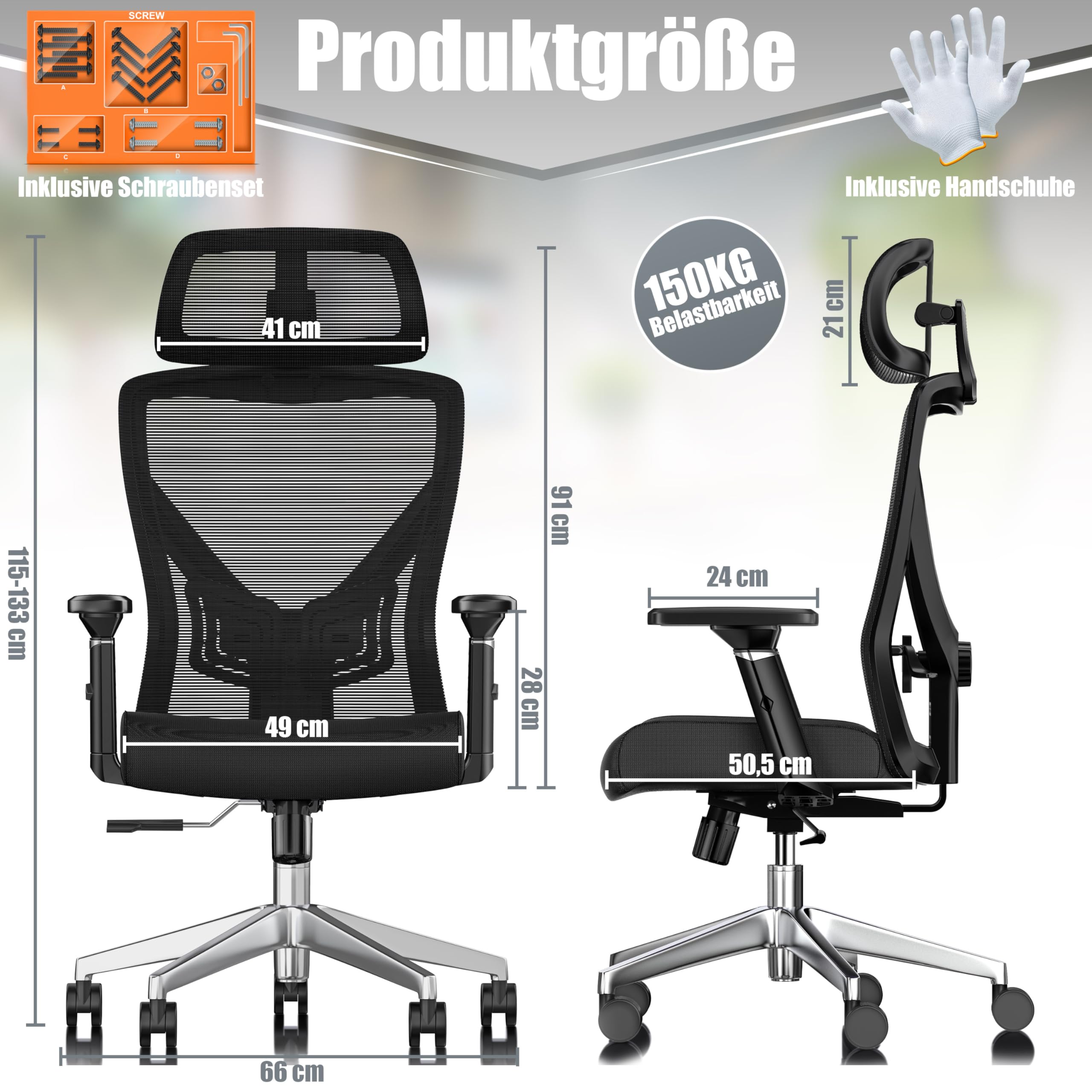 KESSER® Bürostuhl Ergonomisch mit verstellbaren Armlehnen | Drehstuhl mit Lendenwirbelstütze Rückenschonend | Schreibtischstuhl mit Kopfstütze | Office Chair Wippfunktion bis 125° mit 5X Gummirollen