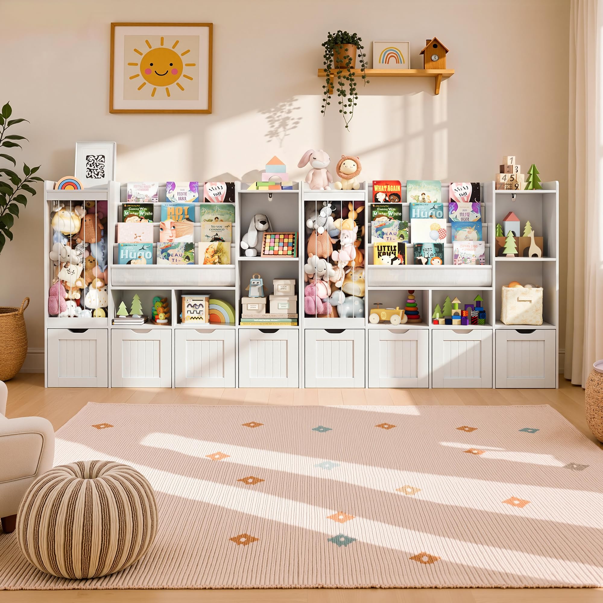 Pamapic Kinderregal, Bücherregal Kinder mit Kuscheltier Aufbewahrung, 2 Herausnehmbare Schubladen, Spielzeug Aufbewahrung mit 4 Offene Regale, Kinderzimmer Möbel für Kinderzimmer, 120x30x100cm, Weiß