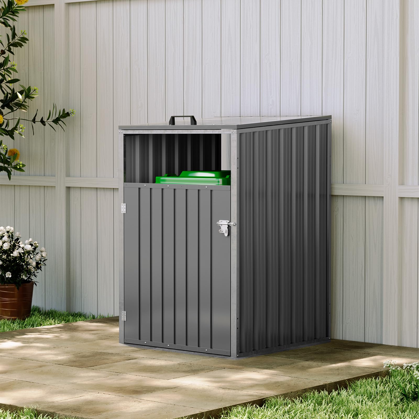 Warmiehomy Wheelie Bin Storage Single Bin Storage for Wheelie Bins Galvanized Steel Outdoor Garbage Can Store with Locking Door Wheeled Bins Hideaways with Lifting Lids,Grey