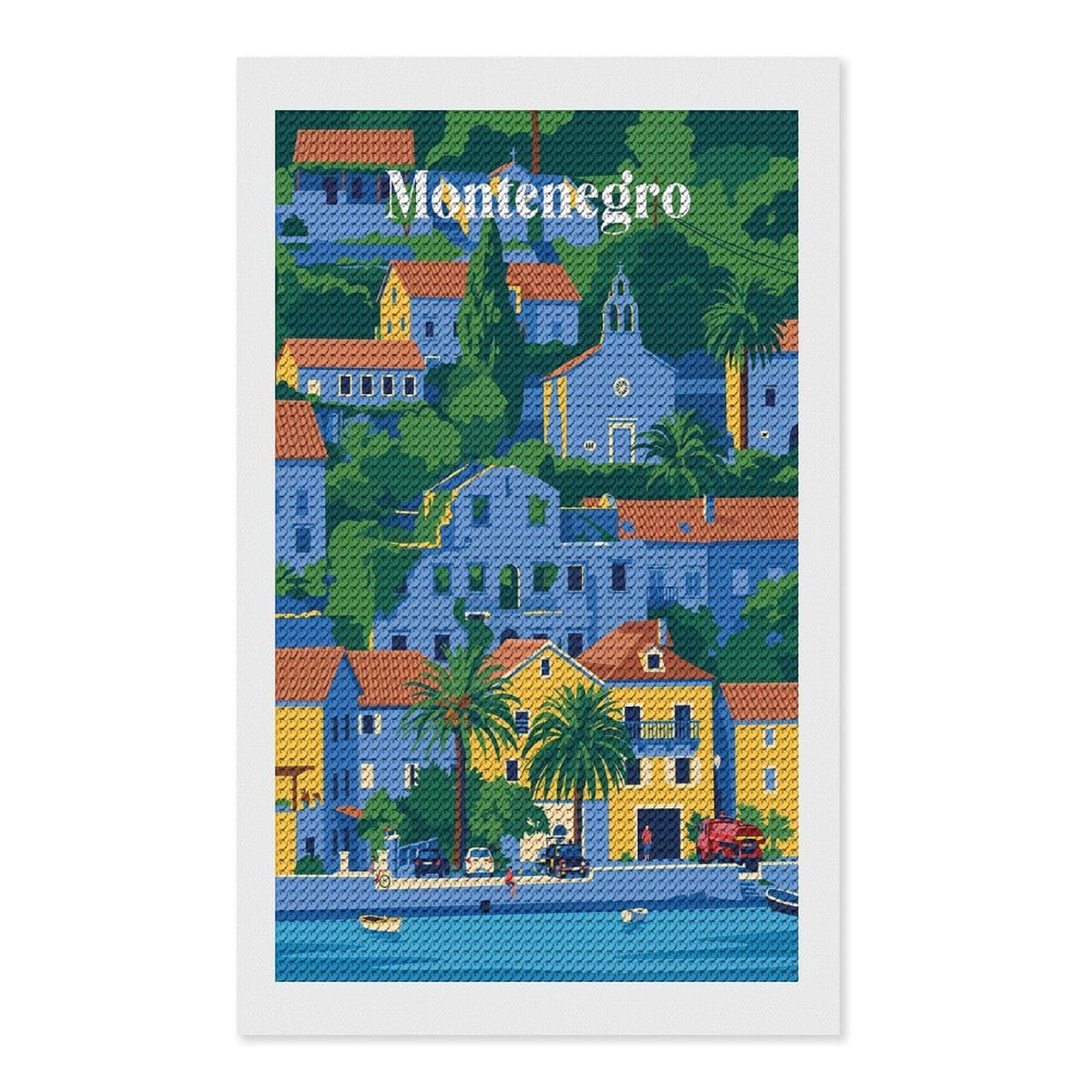 Junmoney Montenegro Coastal Town Diamond Art Canvas 12"x20", Decorate Your Room, Mindful Craft Activity, Cosy Home Accent, Thoughtful Handmade Gift