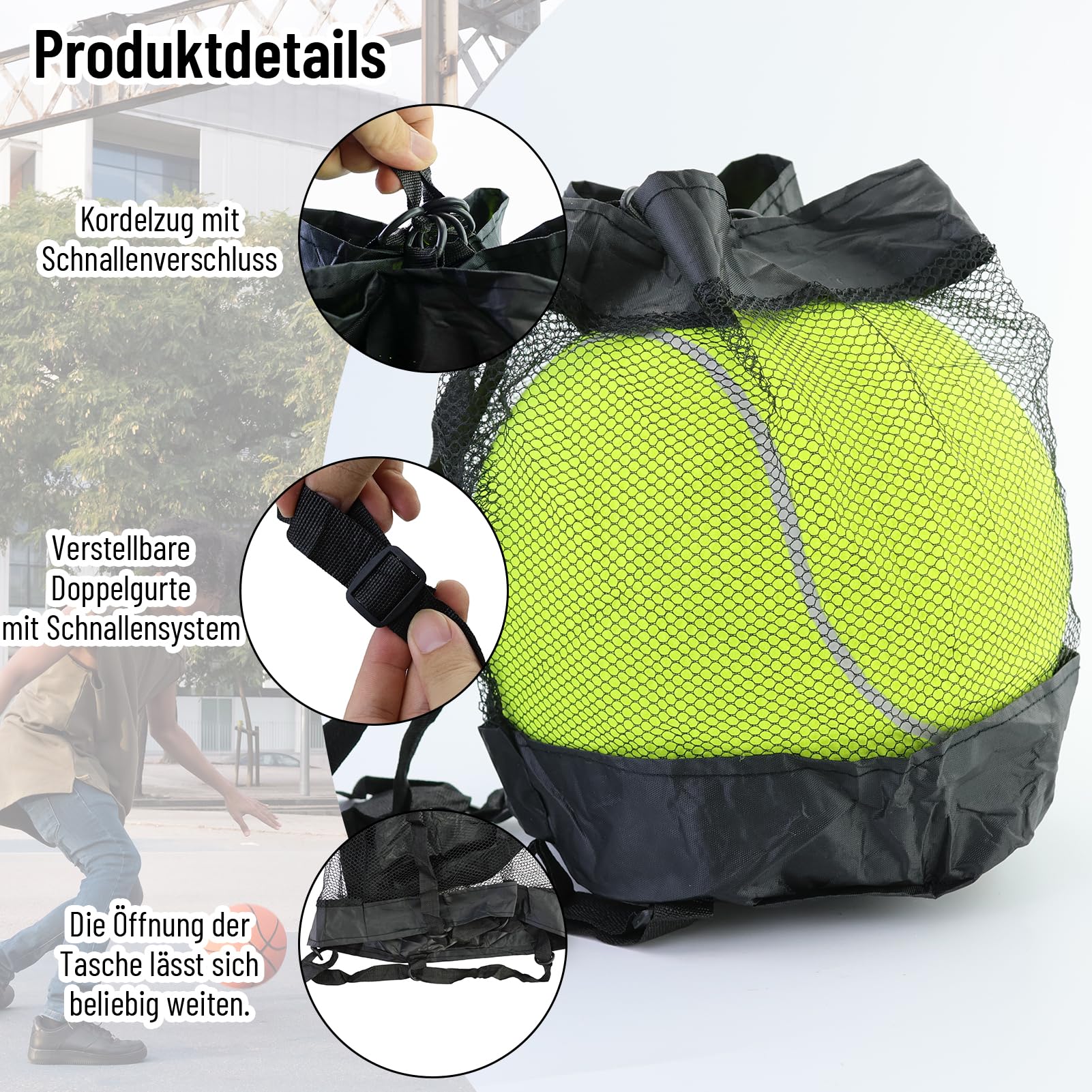 Sac Filet à Ballons Polyvalent – Mesh Oxford, Bandoulière Réglable, Cordon De Serrage, Pour Foot Basket Tennis, +2 Aiguilles De Gonflage
