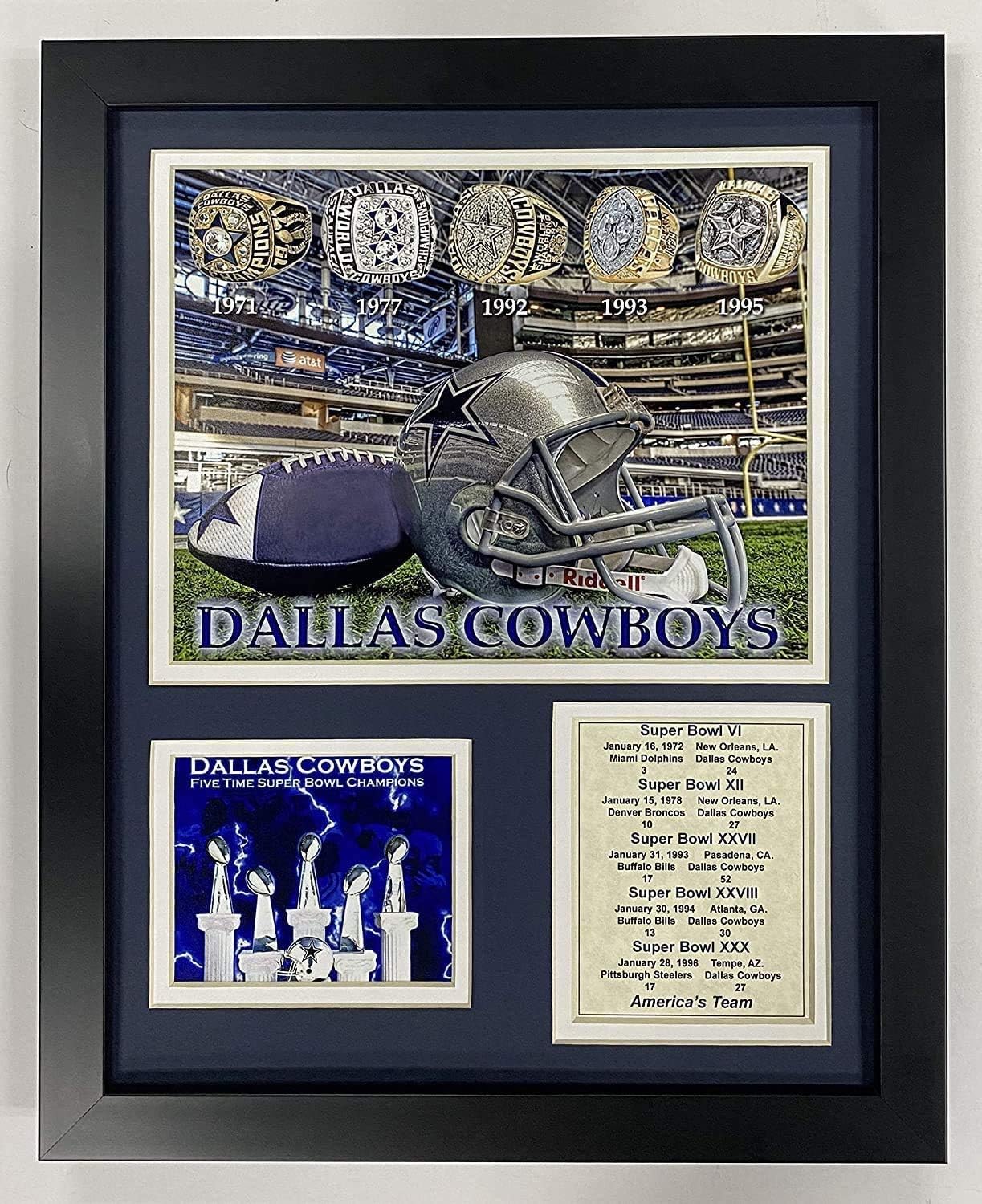 Dallas Cowboys Super Bowl Championship Rings Collectible | Framed Photo Collage Wall Art Decor - 12"x15" (11573U), white