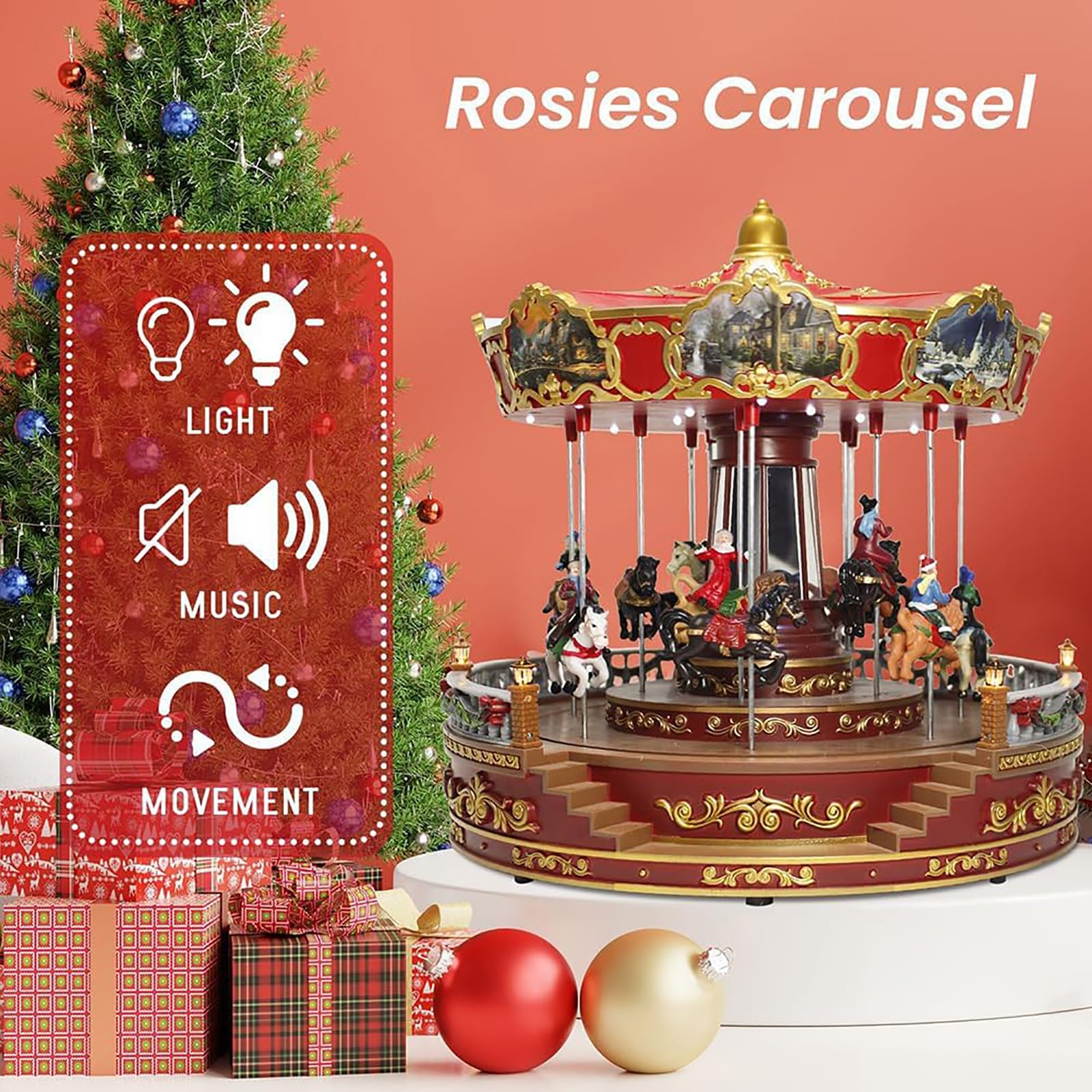 Animated Christmas Carousel, Musical Carousel with Lights