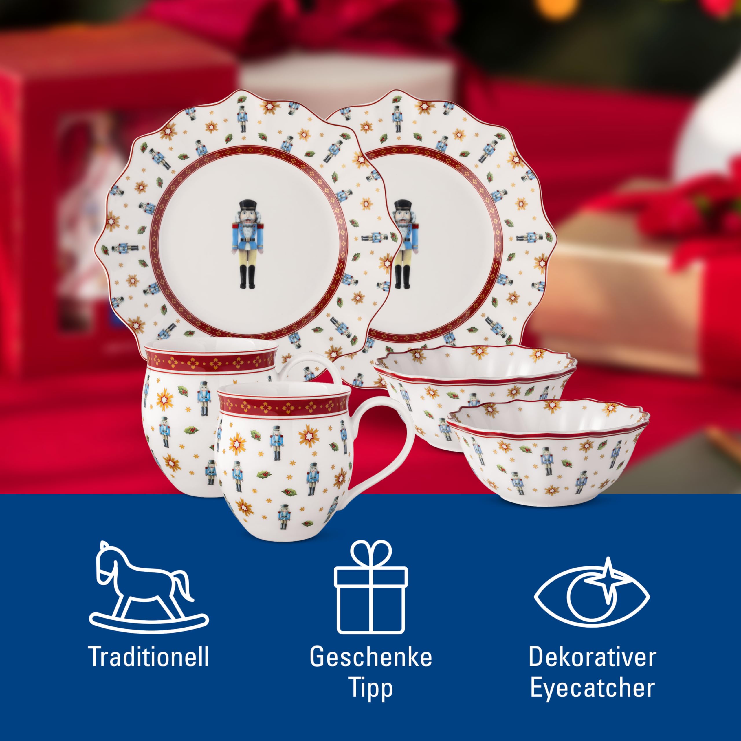 Villeroy & Boch - Toy's Delight Frühstücks-Set für 2 Nussknacker 6 teilig Bunt, Weihnachten, Geschirr Set mit Frühstückstellern, Tassen und Schüsseln, Weihnachtsgeschirr, Premium Porzellan