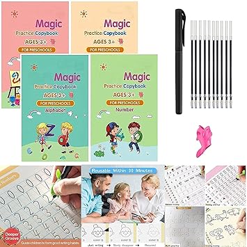 SKYTONE Sank Magic Practice Copybook, (4 BOOK + 8 REFILL+ 1 pen +1 grip) Tracing Book for Preschoolers with Pen, Magic Calligraphy Copybook Set Practical Reusable Writing Tool Simple Hand Lettering