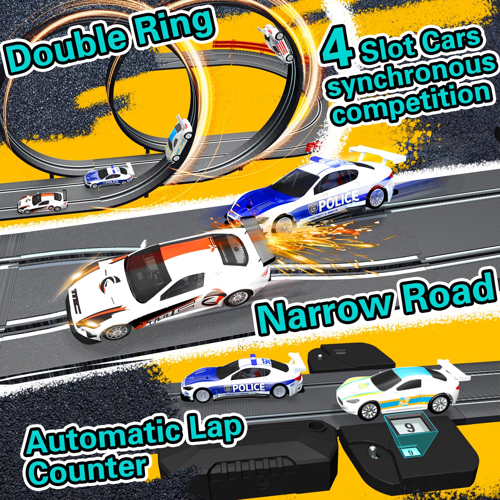 Juego de pista de carreras de coches de alta velocidad, juego de doble pista de tranvía con 4 coches de tragamonedas con licencia, 2 controles manuales, piezas de pista y contador de 7