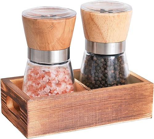 Juego de molinillo de sal y pimienta de madera con soporte, sal marina manual, molino de pimienta y especias, recipiente de vidrio, grosor ajustable