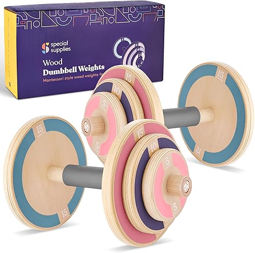 Special Supplies Juego de pesas de madera para niños, juego de mancuernas ajustables para equipo de gimnasio en casa, juego de entrenamiento para la