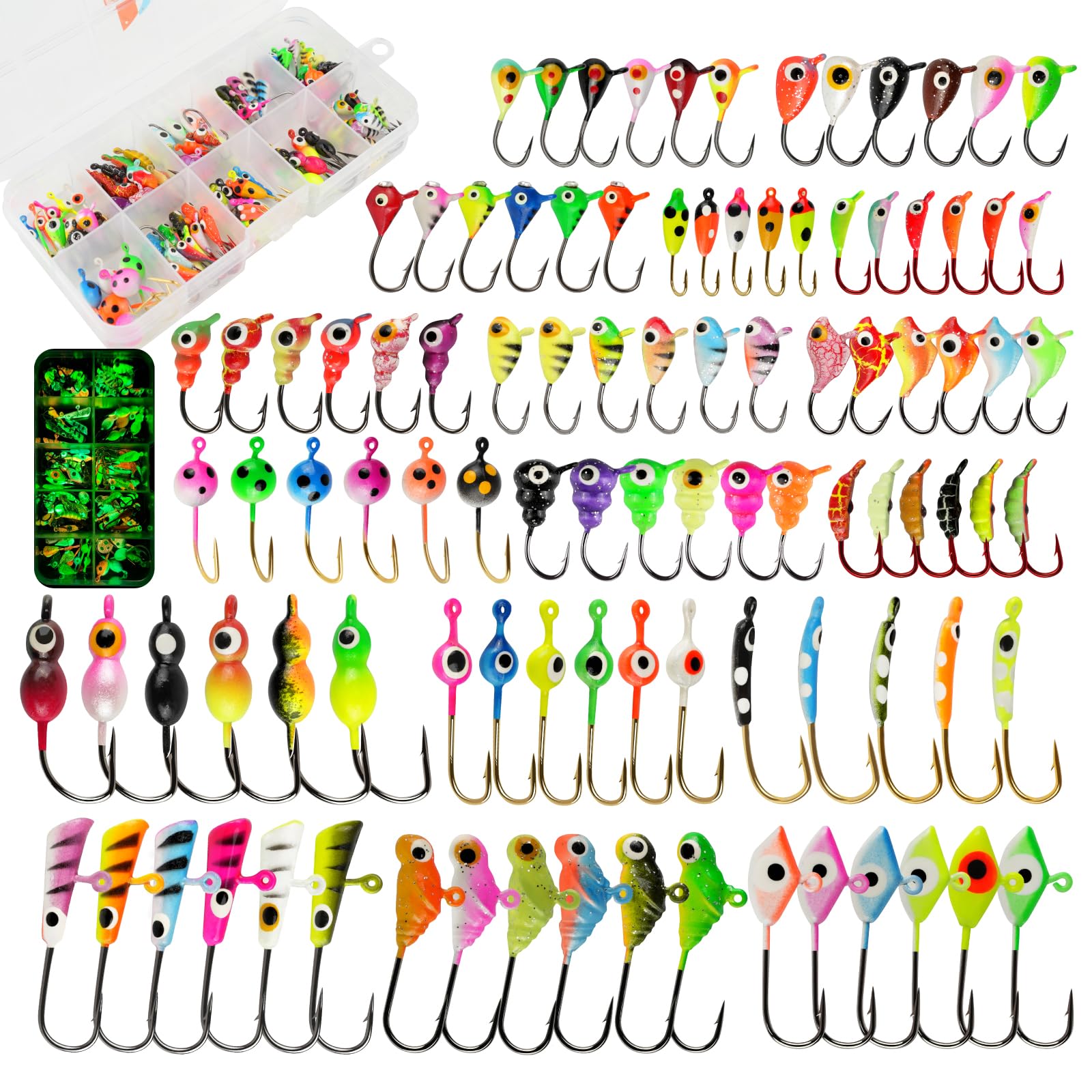 Kit di esche da pesca sul ghiaccio, 36/60/100 pezzi, set di ami per pesca su ghiaccio invernale, panfish, pesce persico, trota, bluegill, glaucomi, Crappie Ice Fishing Lures Set con scatola
