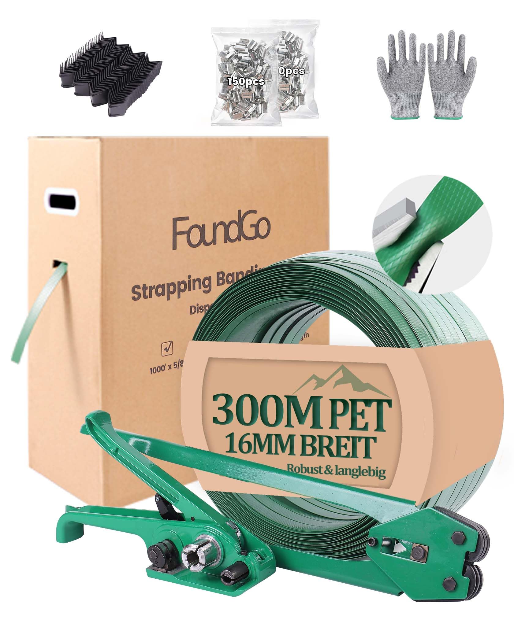 FoundGo Appareil de cerclage manuel [12-19 mm] Kit de cerclage avec 300 m de bande de cerclage PET de 680 kg de résistance à la traction pour emballage avec fermeture de tendeur 300 boucles