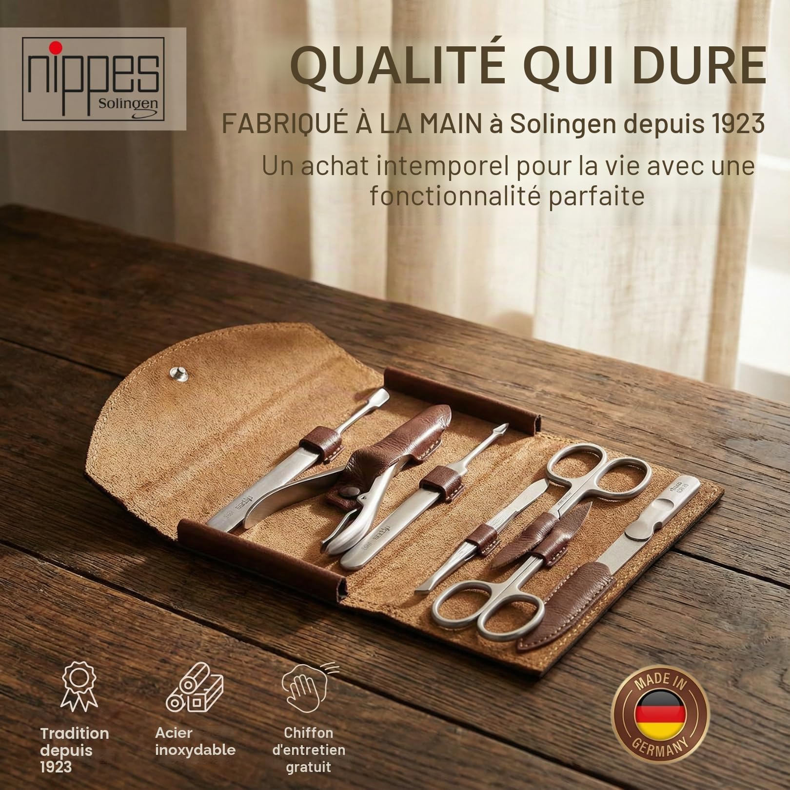 nippes Solingen Kit de manucure classique de qualité supérieure - 7 pièces - Étui en cuir de vachette véritable - Marron - Acier inoxydable - Sans nickel et inoxydable - Fabriqué à Solingen/Allemagne
