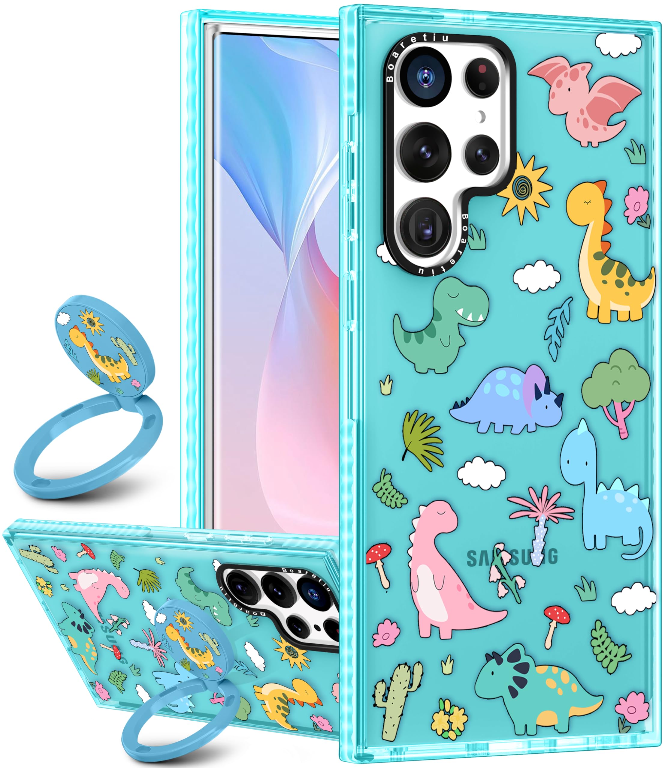 Boaretiu Cute Kawaii for Samsung Galaxy S25 Ultra Case with Stand - Fashion Cool 360° Rotate Ring Holder Kickstand Dinosaur for Women Girls Boys Teens