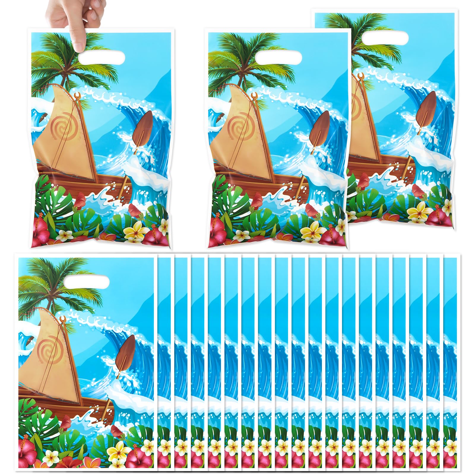 50pcs Hawaiian Party Favors Bags, Aloha Nautical Theme Sailboat Palm Trees Flowers Print Luau Gift Bag Goodie Candy Snack Treat Pouch for Birthday Luau Summer Tropical Party Beach Decorations