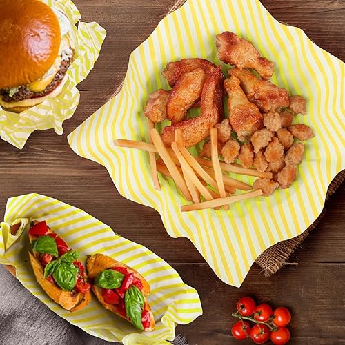 Vista 25 de Hojas de papel encerado de 12 x 12 pulgadas, 100 forros para cestas de alimentos para sándwiches, hamburguesas, envoltorios de alimentos Rayas