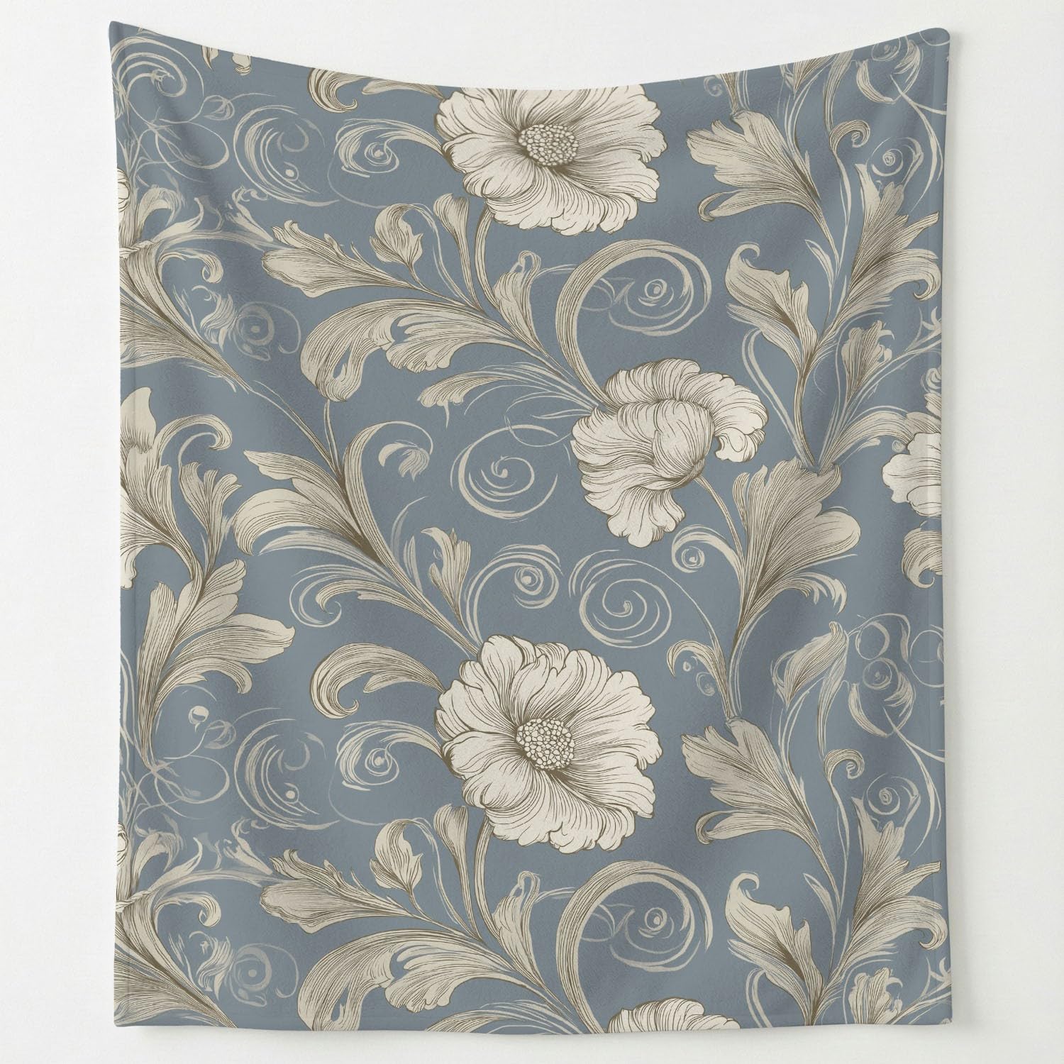 Générique Beżowy niebieski koc flanelowy z motywem vintage, eleganckie kwiaty, narzuta na łóżko, sofę, wystrój pokoju dziecięcego 180 cm x 200 cm