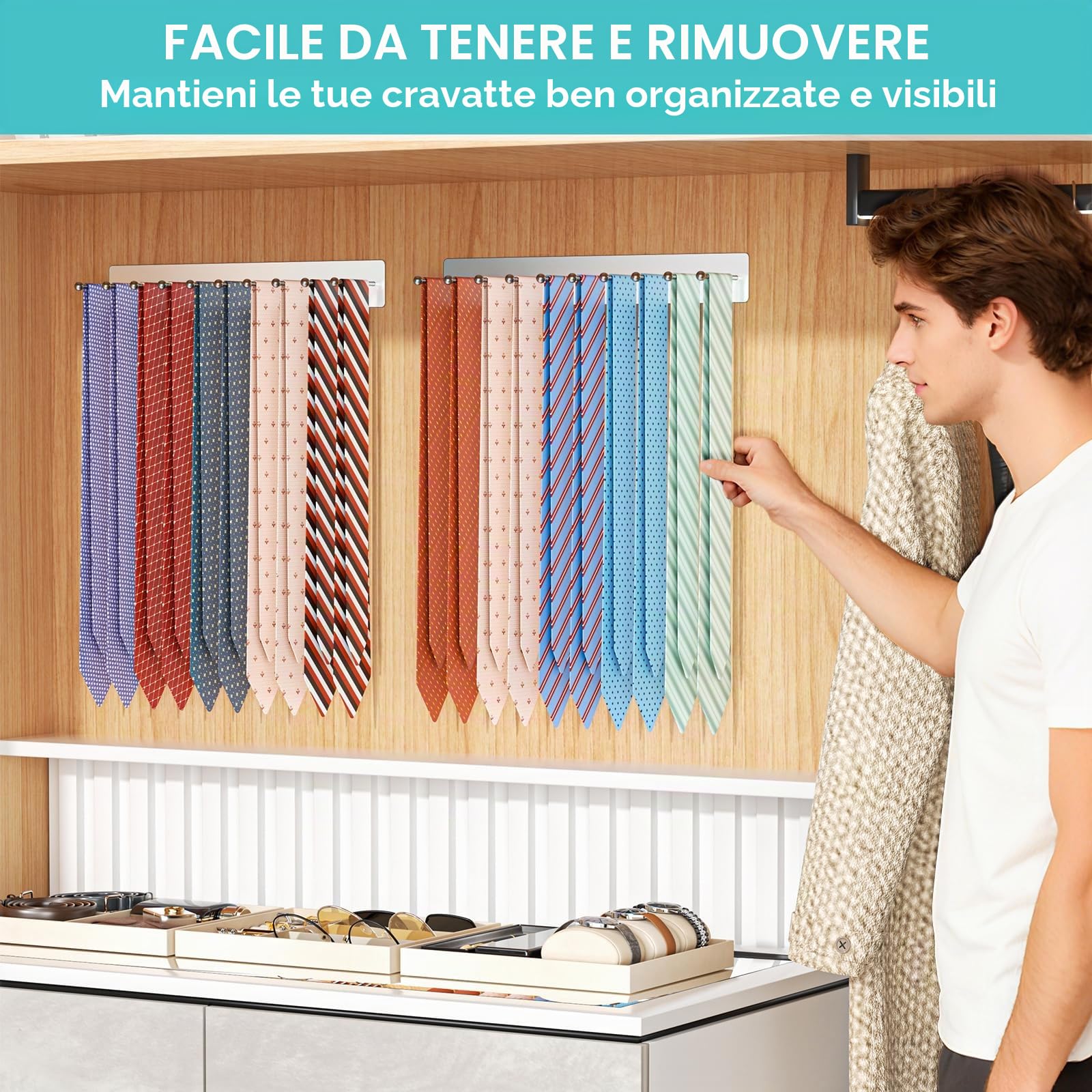 Porta Cravatte, Portacravatte per Armadio in Acciaio Inox, Portacravatte Adesivo per Uomo con 20 Ganci, Portacravatte da Parete per Camera da Letto, Soggiorno, Cassettiera, Argento