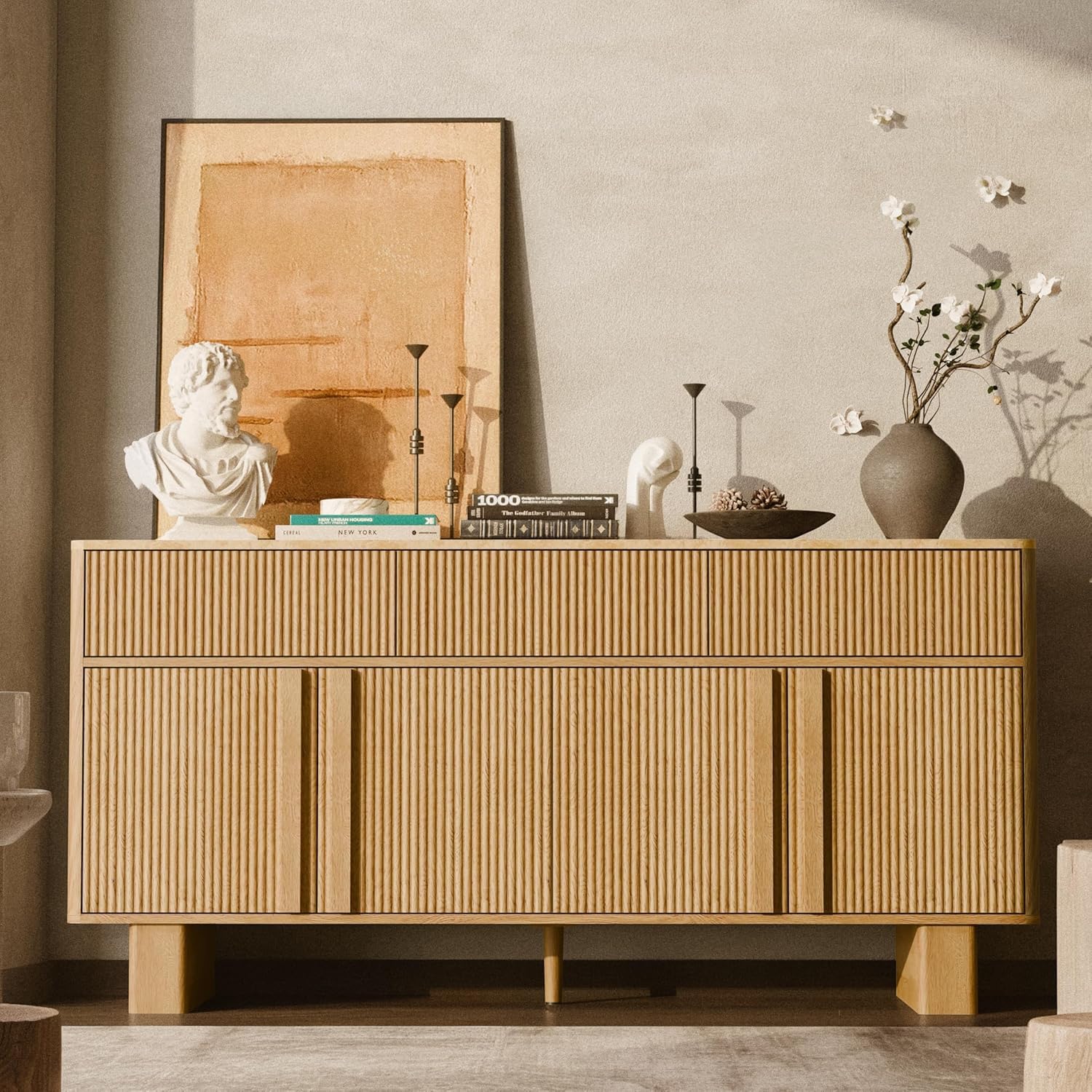 ALLHOMWIE 55” Wide Sideboard Buffet Cabinet with Storage, Modern Buffet with 3 Drawers and 4 Doors, Storage Cabinet with 2 Reinforced Legs for Kitchen