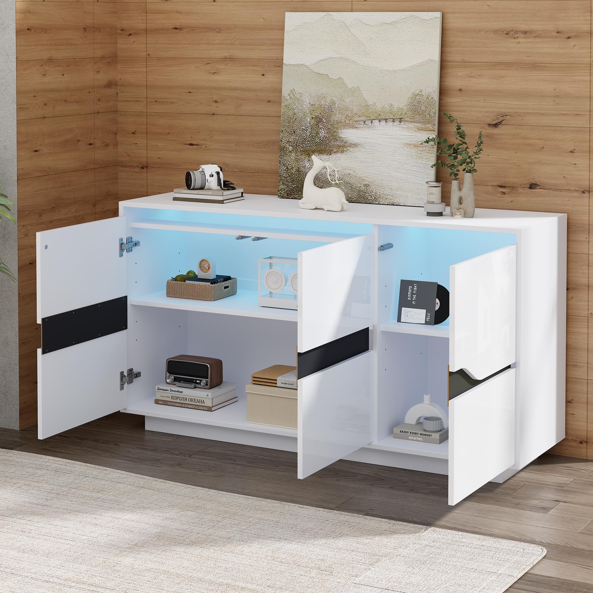 Merax Sideboard Hochglanz Weiß mit LED, Küchenschrank mit 3 Türen, Anrichte mit Verstellbares Regal, Buffetschrank Mehrzweckschrank mit viel Stauraum, Flurschrank für Wohnzimmer, Esszimmer, 140cm