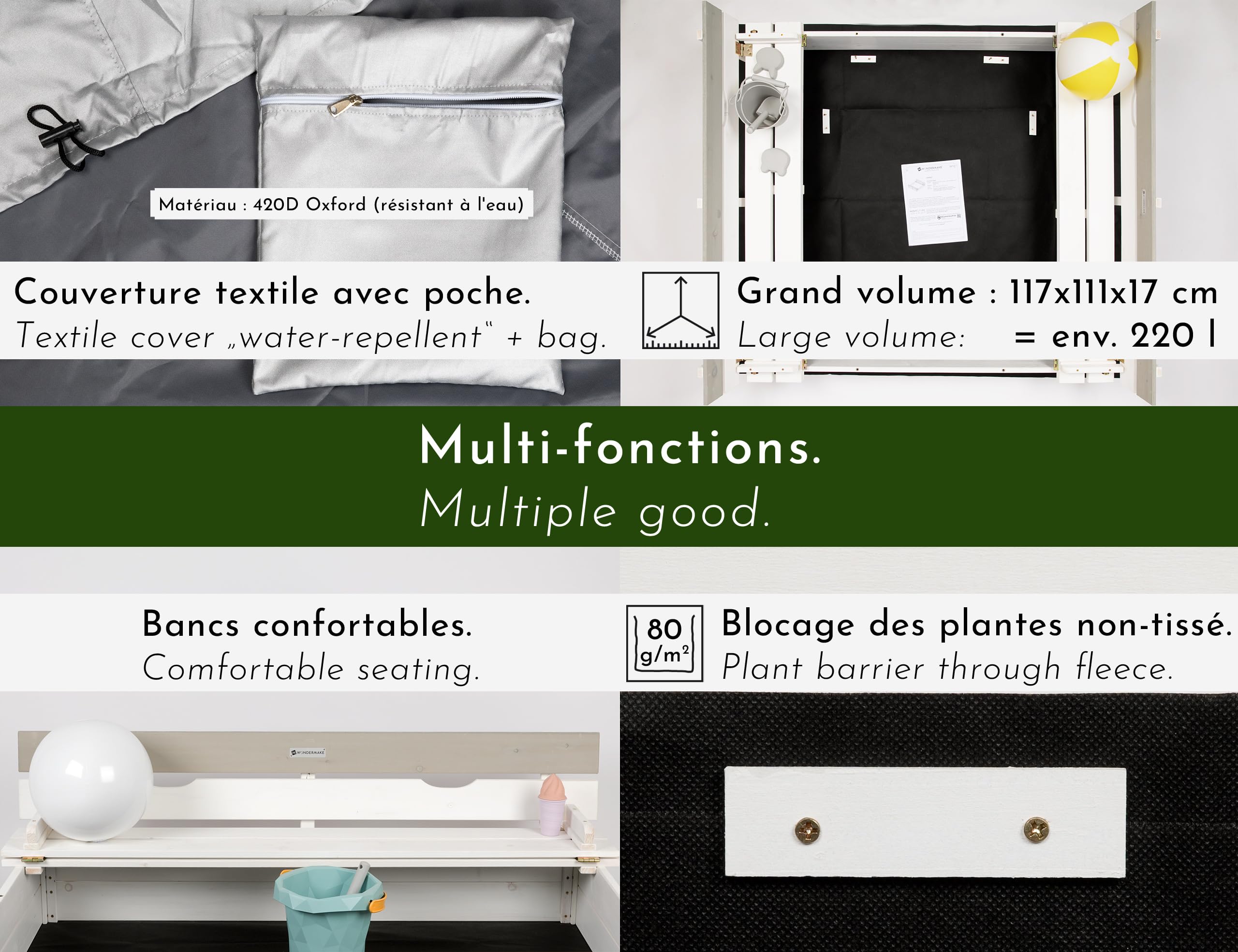 Bac à Sable en Bois avec Couvercle pour Enfants, avec bancs, siège, Sol, carré, rectangulaire extérieur, pour Jardin et Jeux, Blanc Gris