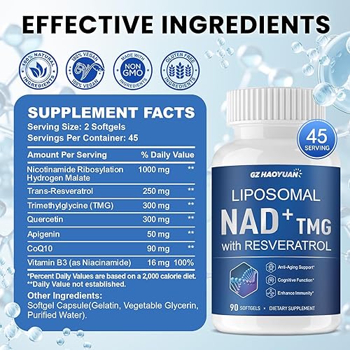 Miniatura 2 de Suplemento liposomal NAD+, suplementos NAD para mujeres y hombres con resveratrol de ribósido de nicotinamida, aumenta los niveles de NAD+, energía