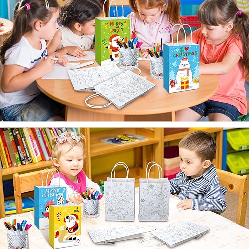 Miniatura 4 de Cholemy 72 bolsas de regalo de papel de Navidad para bricolaje, colorea tus propias bolsas de Navidad con asas para niños y 24 bolígrafos de