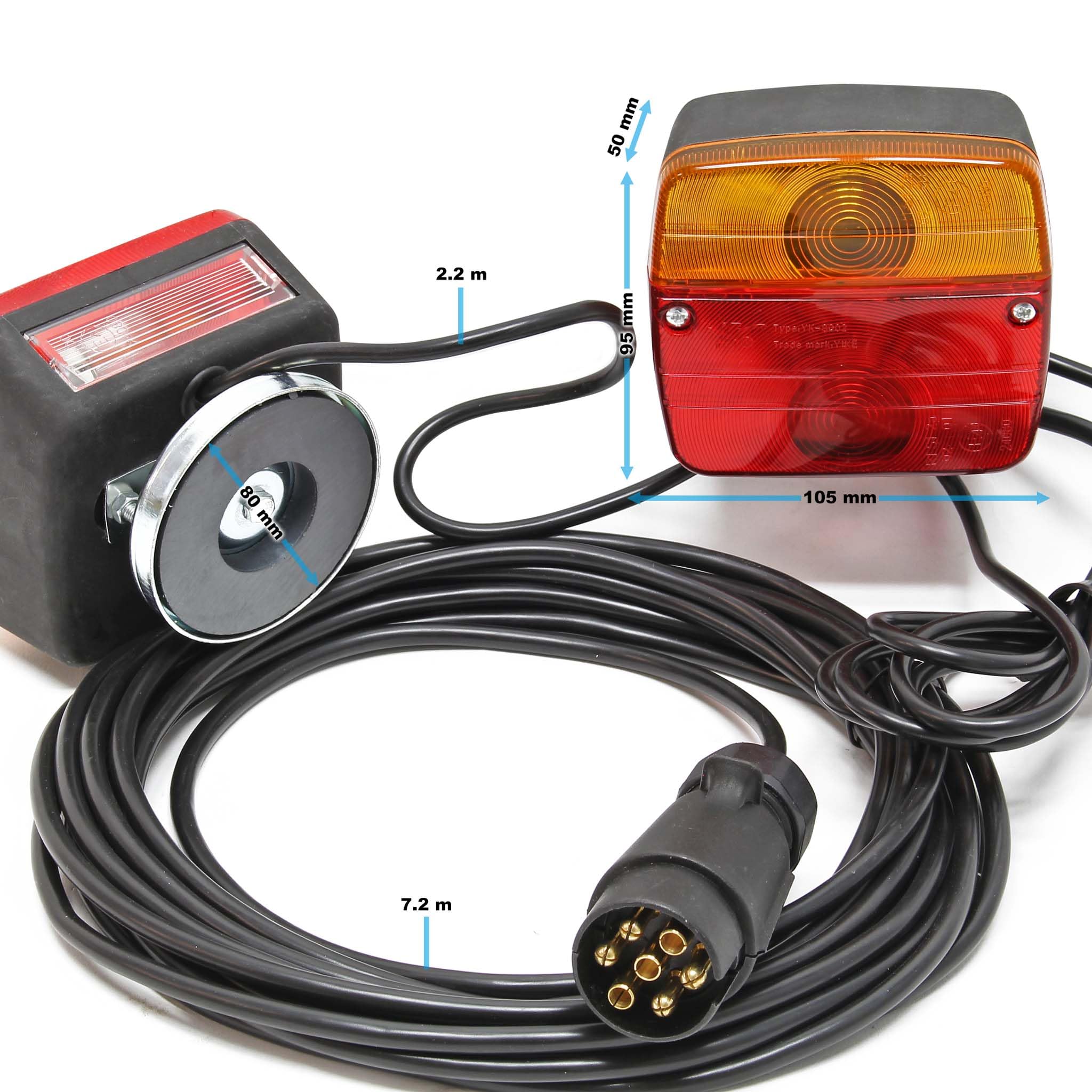 Wiltec Lampy na magnes do przyczepki, 7-pinowe z kablem 7,5 m, światło tylne lewe i prawe, oświetlenie z wieloma funkcjami, 12 V