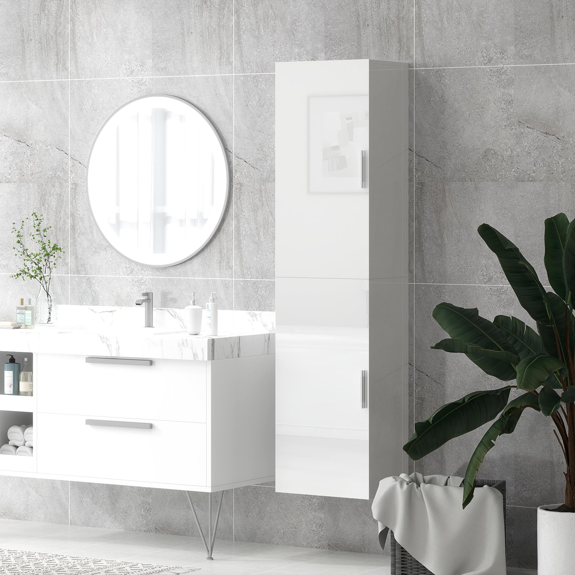 HOMCOM Armoire murale pour salle de bain avec étagères réglables et 2 portes - Meuble de salle de bain moderne pour les petits espaces - 40 x 30 x 160 cm - Blanc brillant