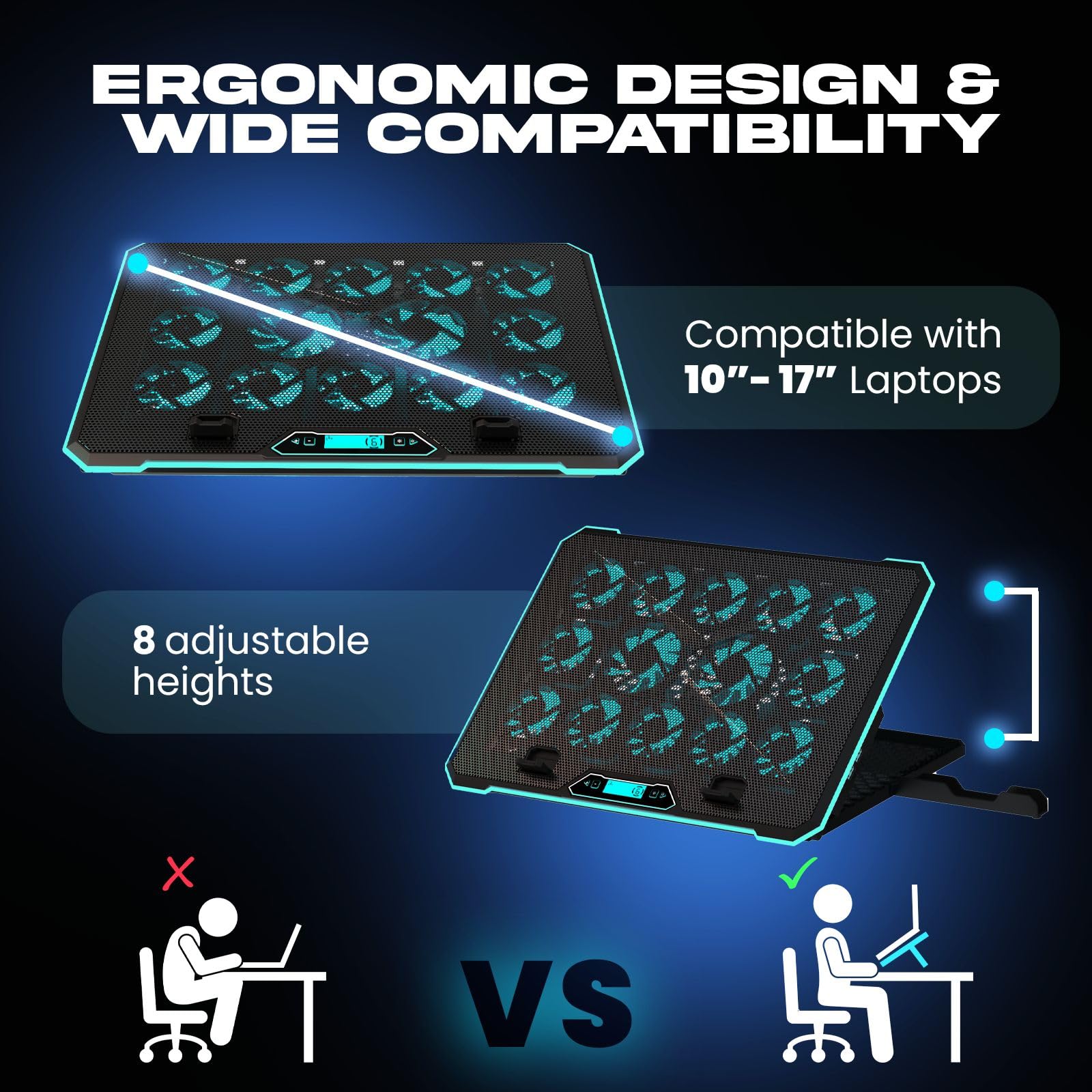 KLIM V14 podkładka chłodząca do laptopa z 14 wentylatorami RGB, stojak, 2 porty USB, do 17 cali