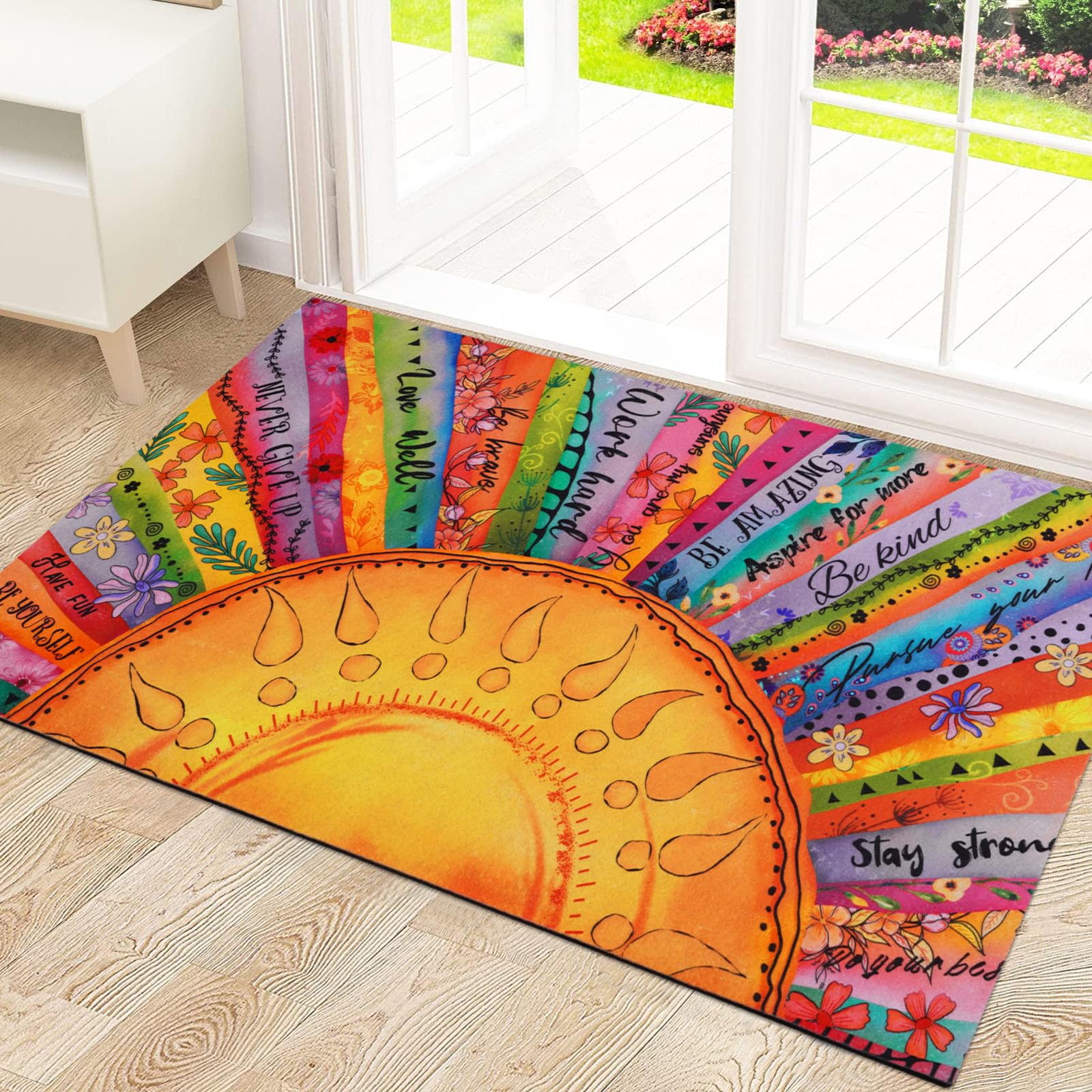 Likiyol Boho Sun Door Mat Outdoor Indoor, Colorful Floral Welcome Doormat with Inspirational Quotes for Front Door, Entryway, Non Slip Washable Rubber