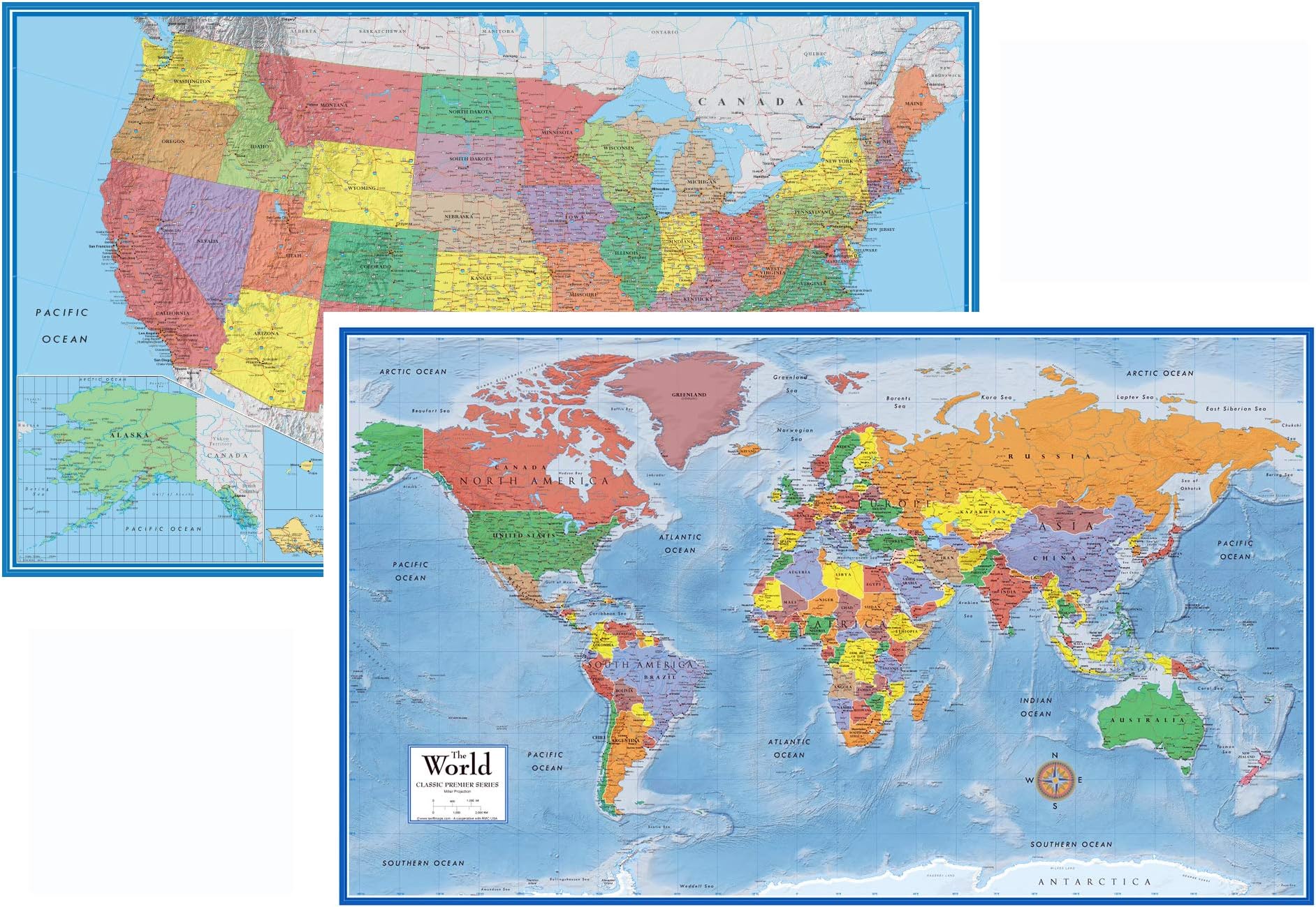 24x36 World and USA Classic Premier 3D Two Wall Map Set (Laminated)