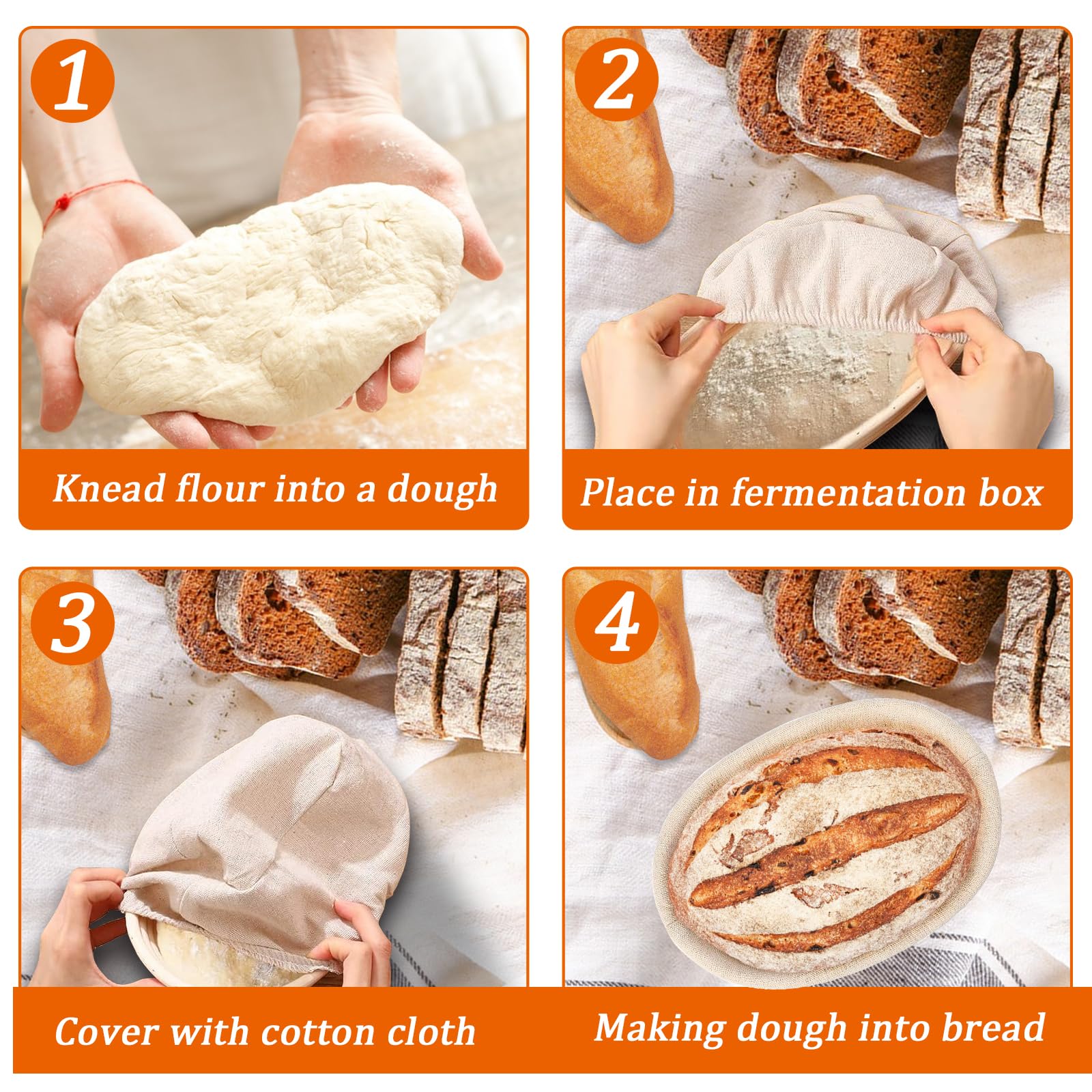 Banneton - Juego de 4 cuencos ovalados de masa madre para hornear pan de masa madre de 10 pulgadas, juego de 4 cuencos de prueba para pan de masa madre, suministros para hornear pan de masa madre, kit