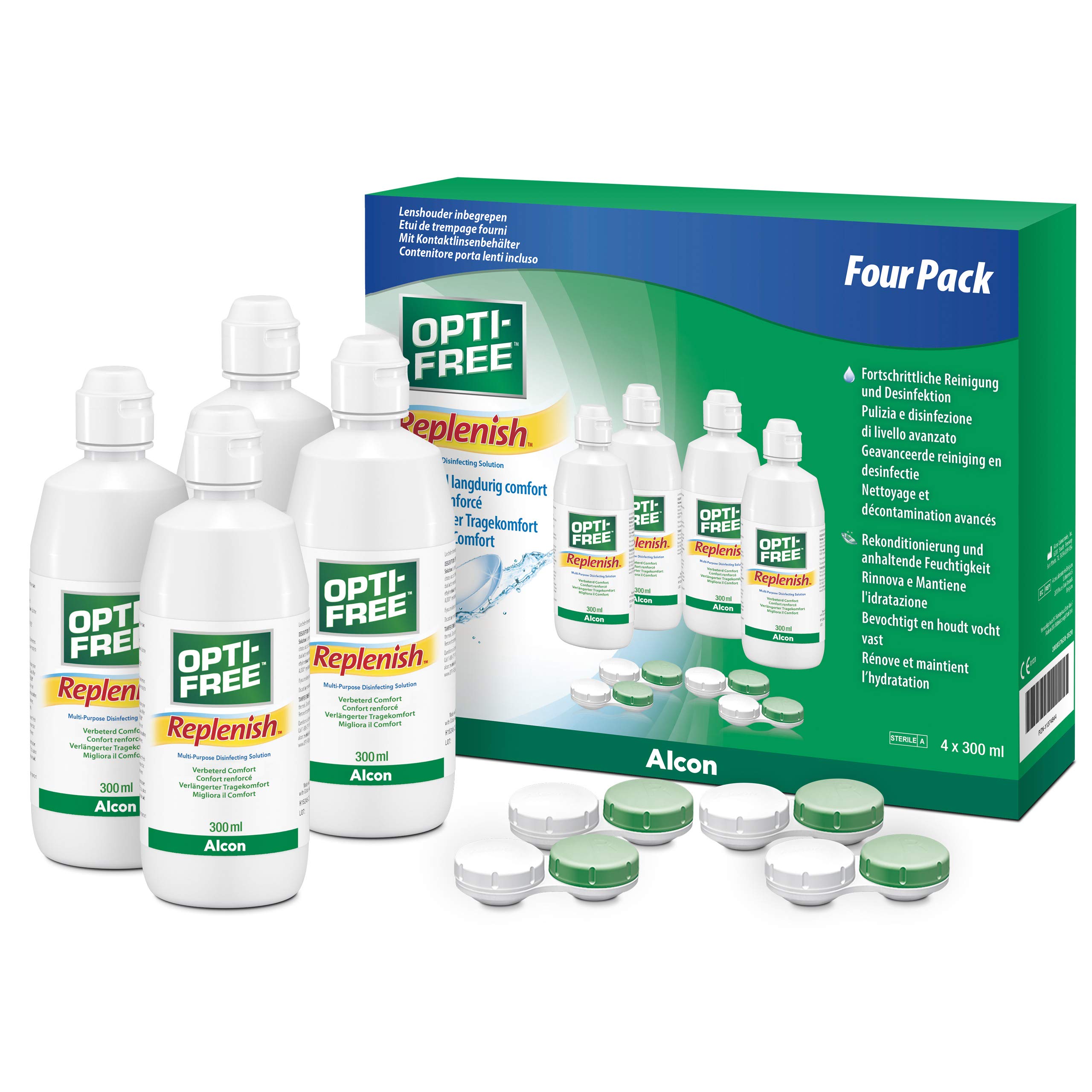 Opti-Free Replenish Kontaktlinsen-Pflegemittel | 4 x 300 ml | Reinigung, Pflege und Desinfektion von weichen Kontaktlinsen mit TearGlyde Technologie für kontinuierliche Feuchtigkeit