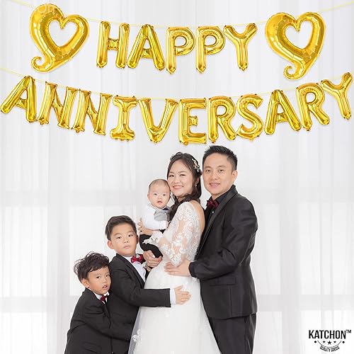 Miniatura 2 de KatchOn, Letras de globos dorados de feliz aniversario, 18 pulgadas, globos de corazón con gancho dorado de papel de aluminio, pancarta dorada de