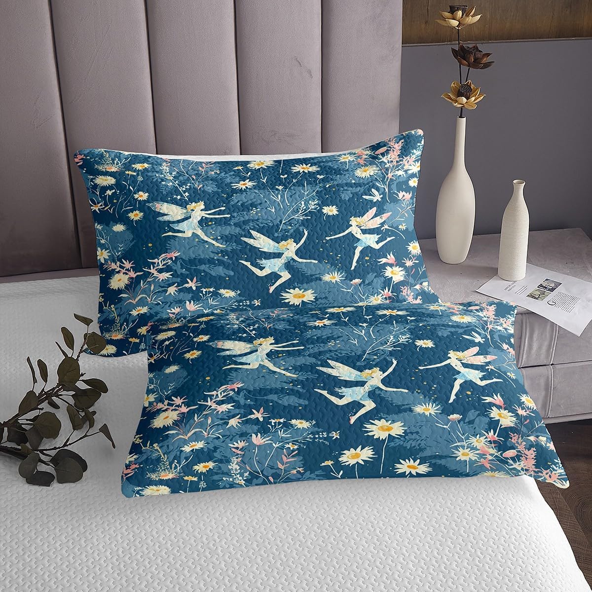Homewish Butterfly Fairy Bedspread King Size,Daisy Flower Bedding Sets 3Pcs for Kids Girls Boys Teens Room Decor,Dreamy Fairy Tales Comforter Set Dark Blue Soft Coverlet Quilt,2 Pillowcases