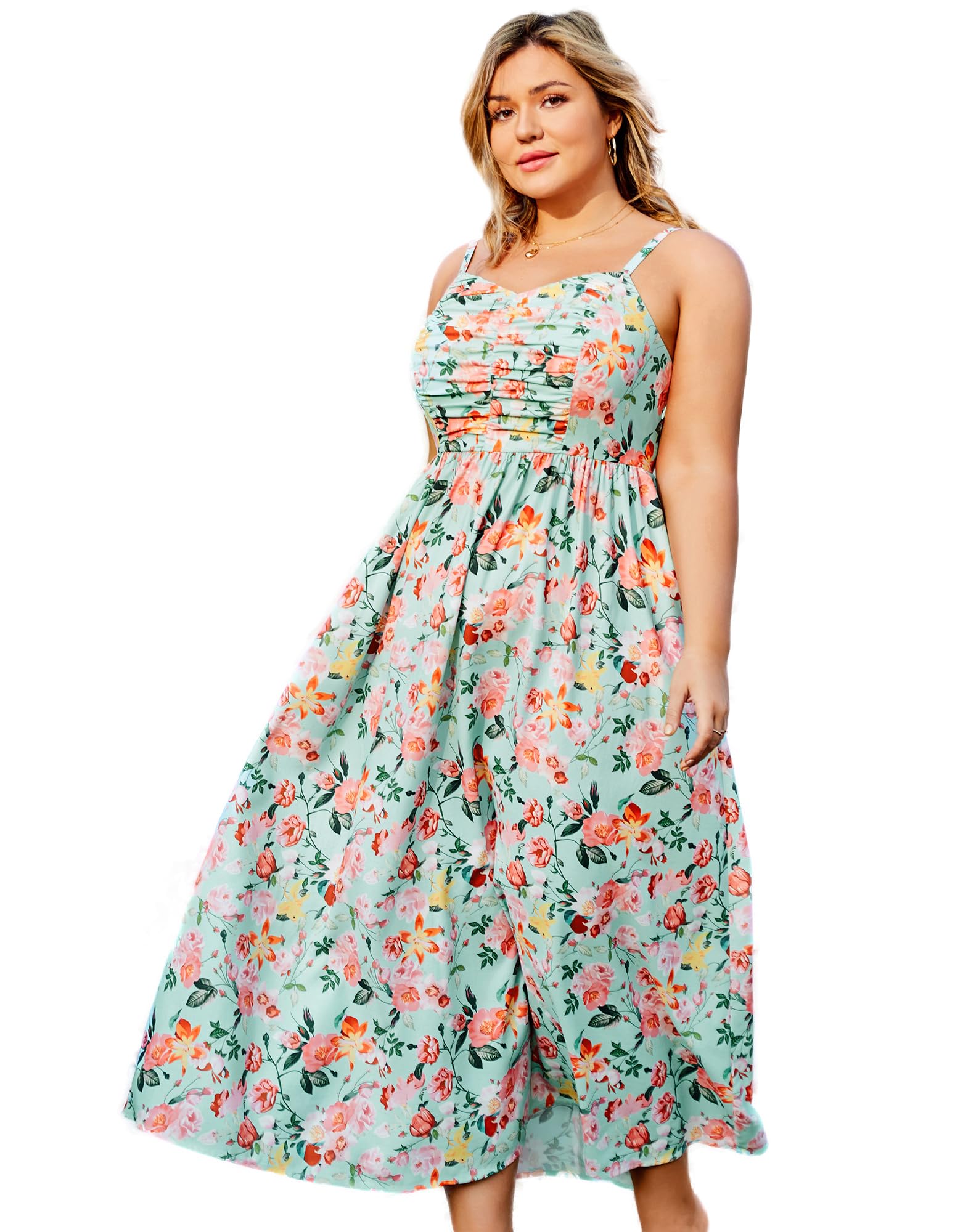 Hanna Nikole Women‘s Plus Size Casual Spaghetti Straps Bohemian Maxi Dress V Neck Flowy Dress with Pockets