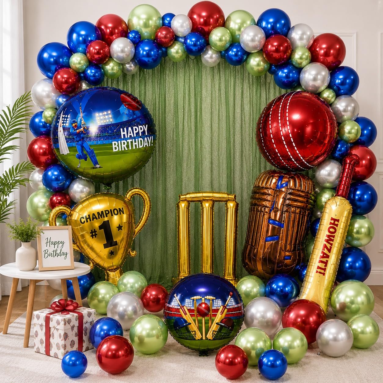 Cricket Theme Birthday Decoration Kit | Cricket Balloon Arch with Bat, Ball, Wicket, Trophy Foil Balloons & Metallic Balloons Birthday Party Set Wicket Balloon for Boys Birthday-image-6