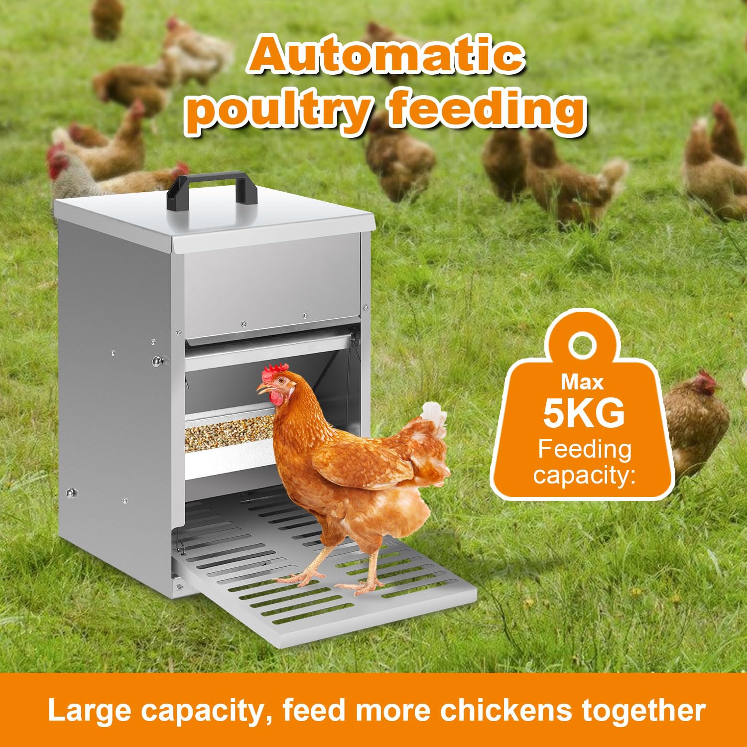 Futterautomat Hühner 5kg Feedomatic Automatischer Futtertrog mit Edelstahldeckel & Pedalzufuhr,2x Futterautomat Hühner Rattensicher Futterspender rutschfestem