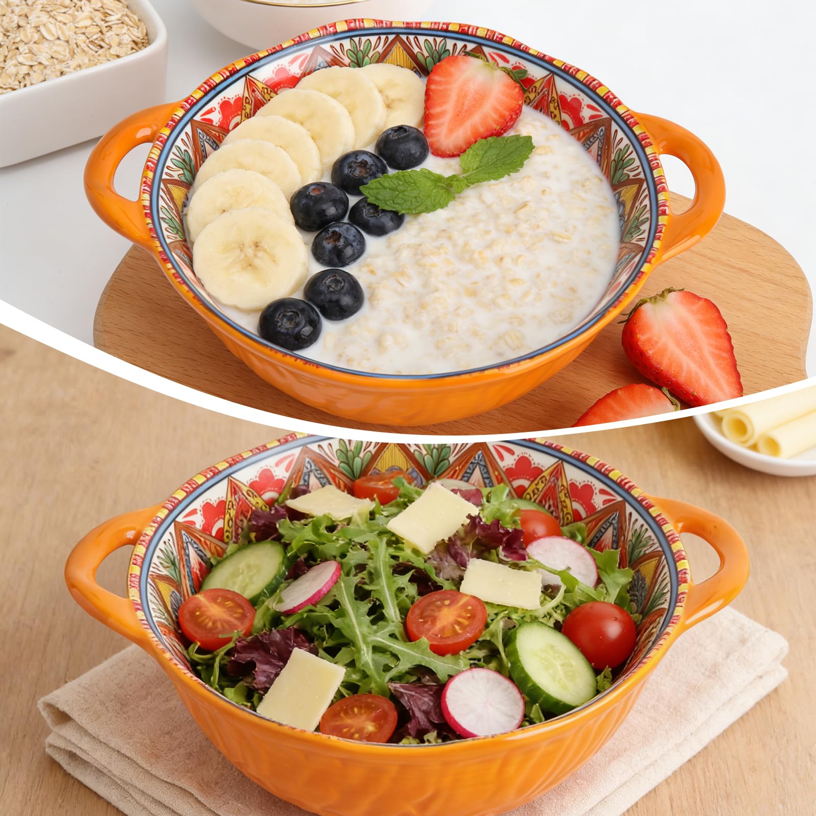 Suppenschüssel mit Henkel Suppenschalen mit Henkel Salatschüssel groß Salatschüssel Keramik Servierschüssel groß - Boho 1200-1500ml, 24x19,5x7cm