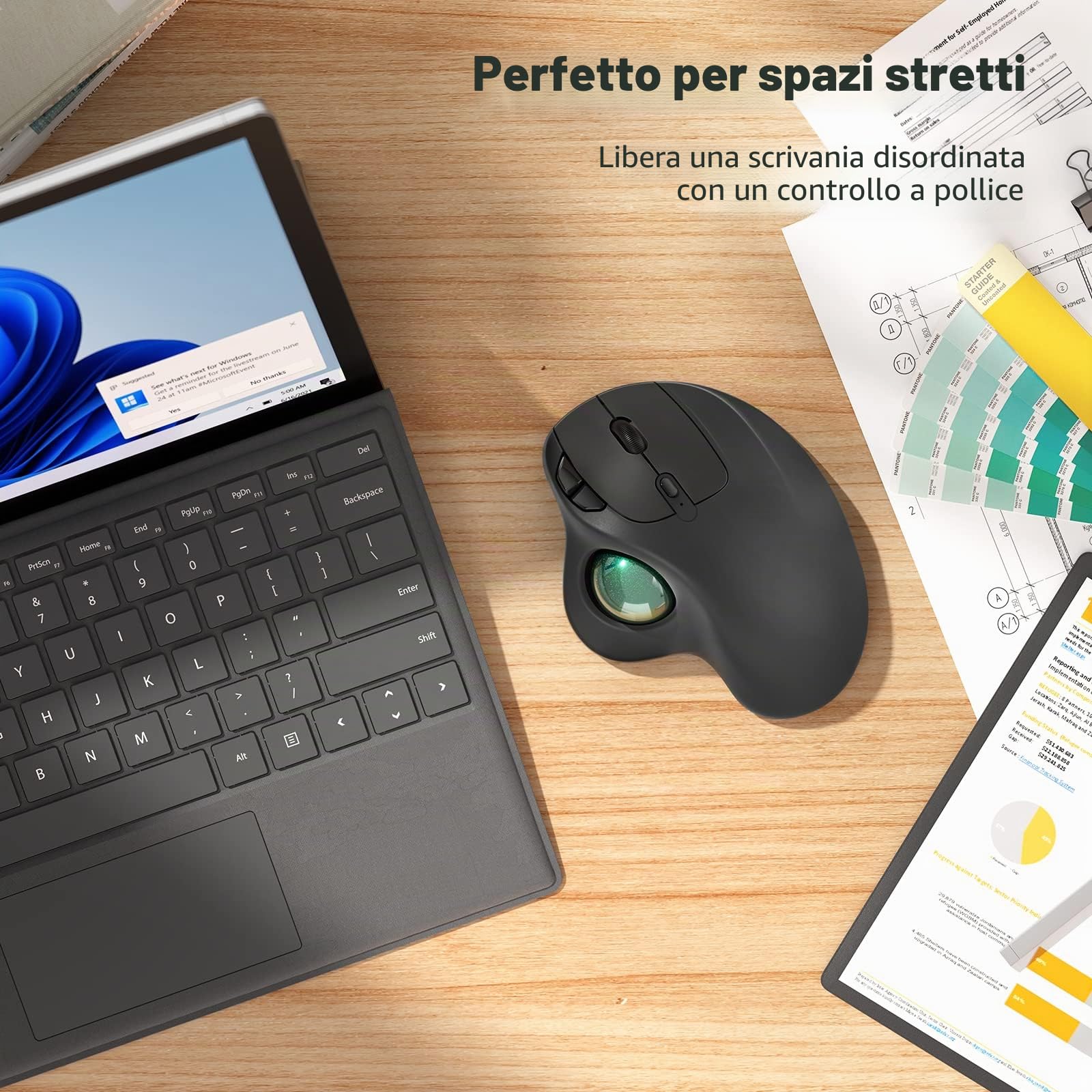 Nulea M501 Mouse Trackball senza fili, mouse ergonomico ricaricabile, tracciamento preciso e fluido, connessione a 3 dispositivi (Bluetooth o 2.4G), compatibile con PC, laptop, Mac, Windows.